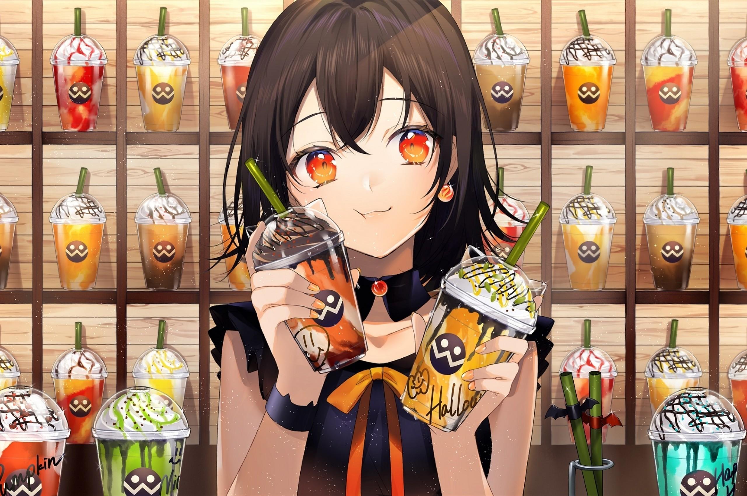 2560x1700 Download 2560x1700 Anime Girl, Waitress, Coffee Shop, Cute, Orange Eyes, Sweet Drinks Wallpaper for Chromebook Pixel