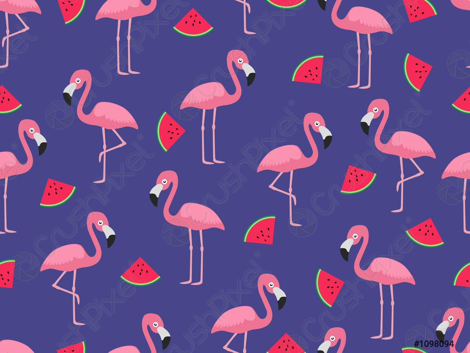 1500x1125 Seamless pattern of flamingo with slice watermelon on blue background