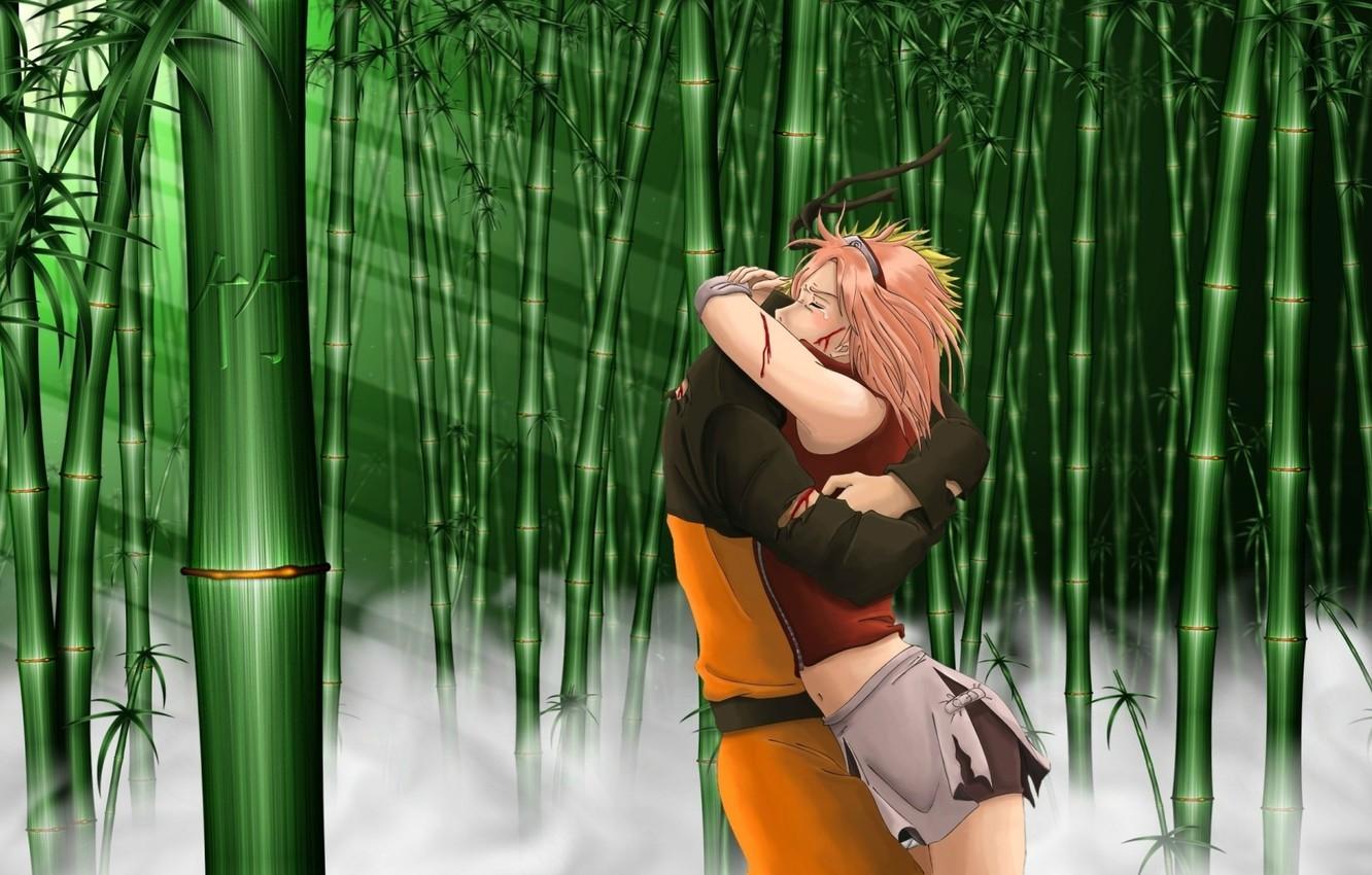 1332x850 Wallpaper fog, blood, meeting, tears, hugs, rays of light, Sakura Haruno, Naruto Uzumaki, Naruto Shippuden, bamboo forest, Naruto shippuuden image for desktop, section сёнэн