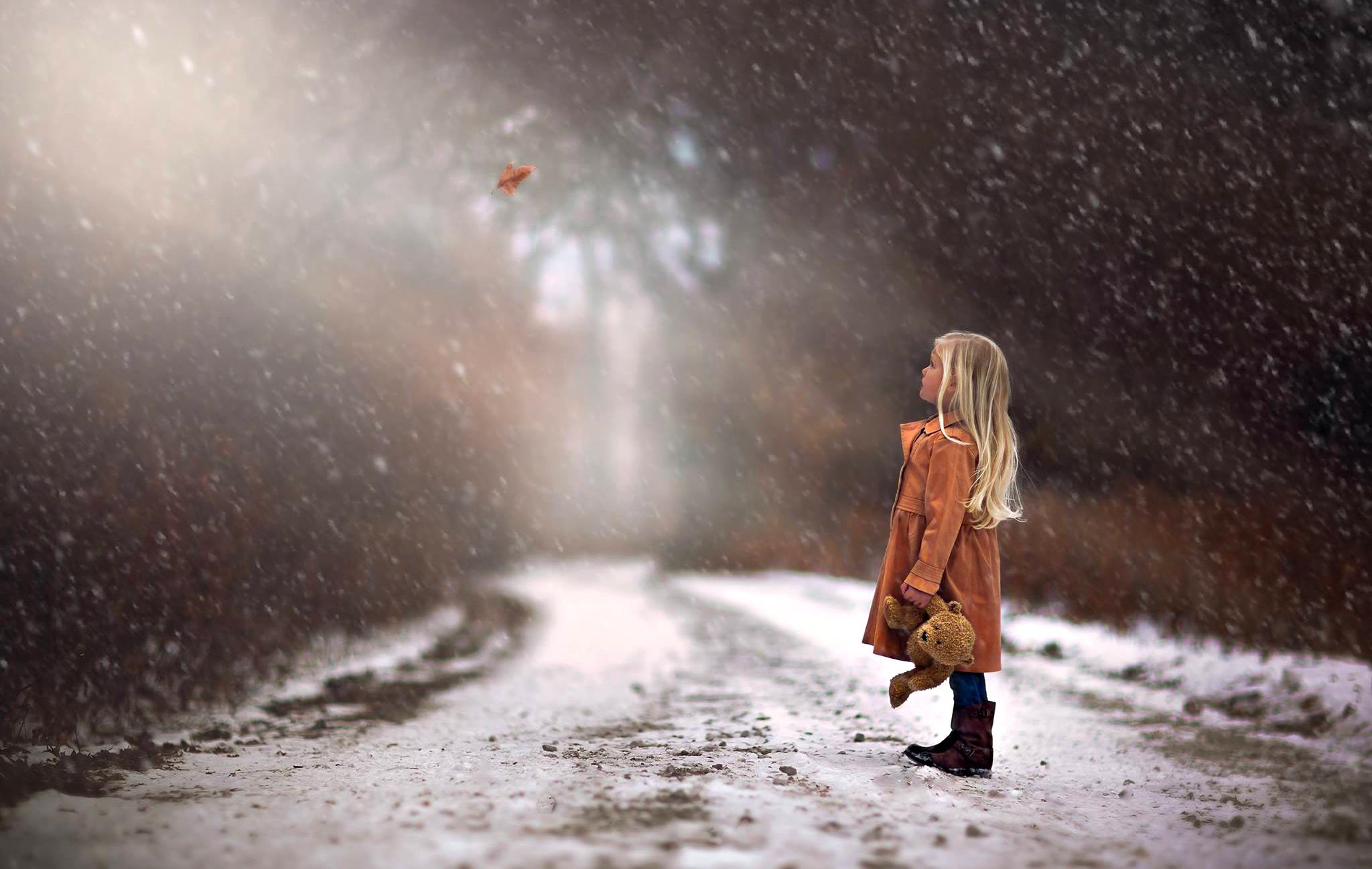 2048x1298 nature, fall, girl, woods, leaf, winter time, snow, road, forest, autumn splendor, leaves, Snowy, autumn, winter wallpaper