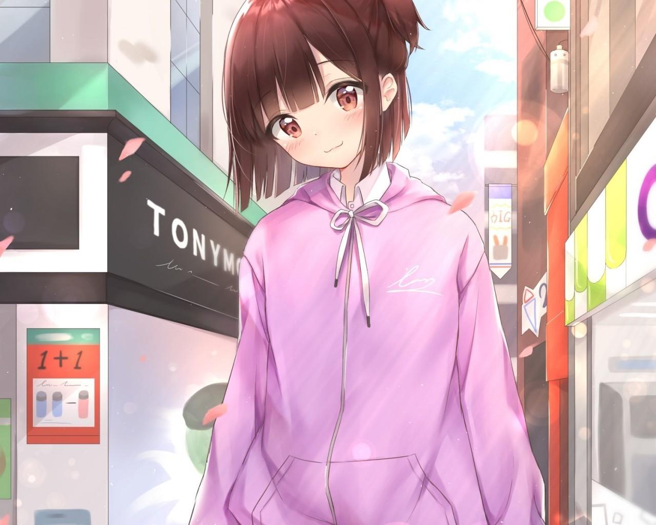 1280x1024 Download 1280x1024 Anime Girl, Sweater, Cute, Street, Short Hair Wallpaper