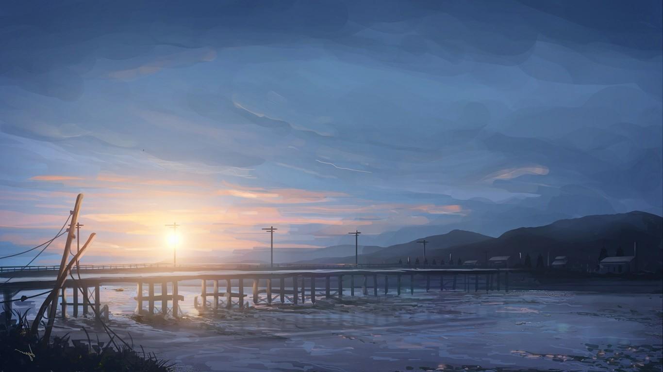 1366x768 anime, Sky, Sunrise, Bridge Wallpaper HD / Desktop and Mobile Background