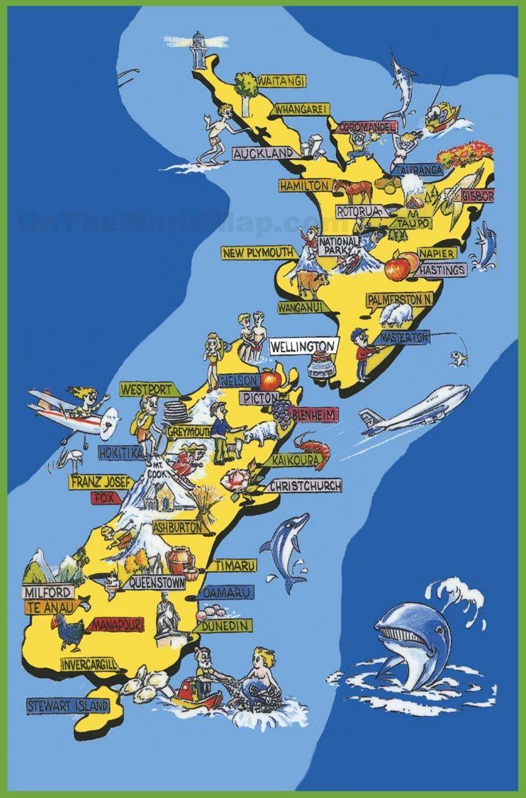 742x1126 Pictorial travel map of New Zealand. Map of new zealand, New zealand hotels, Travel maps
