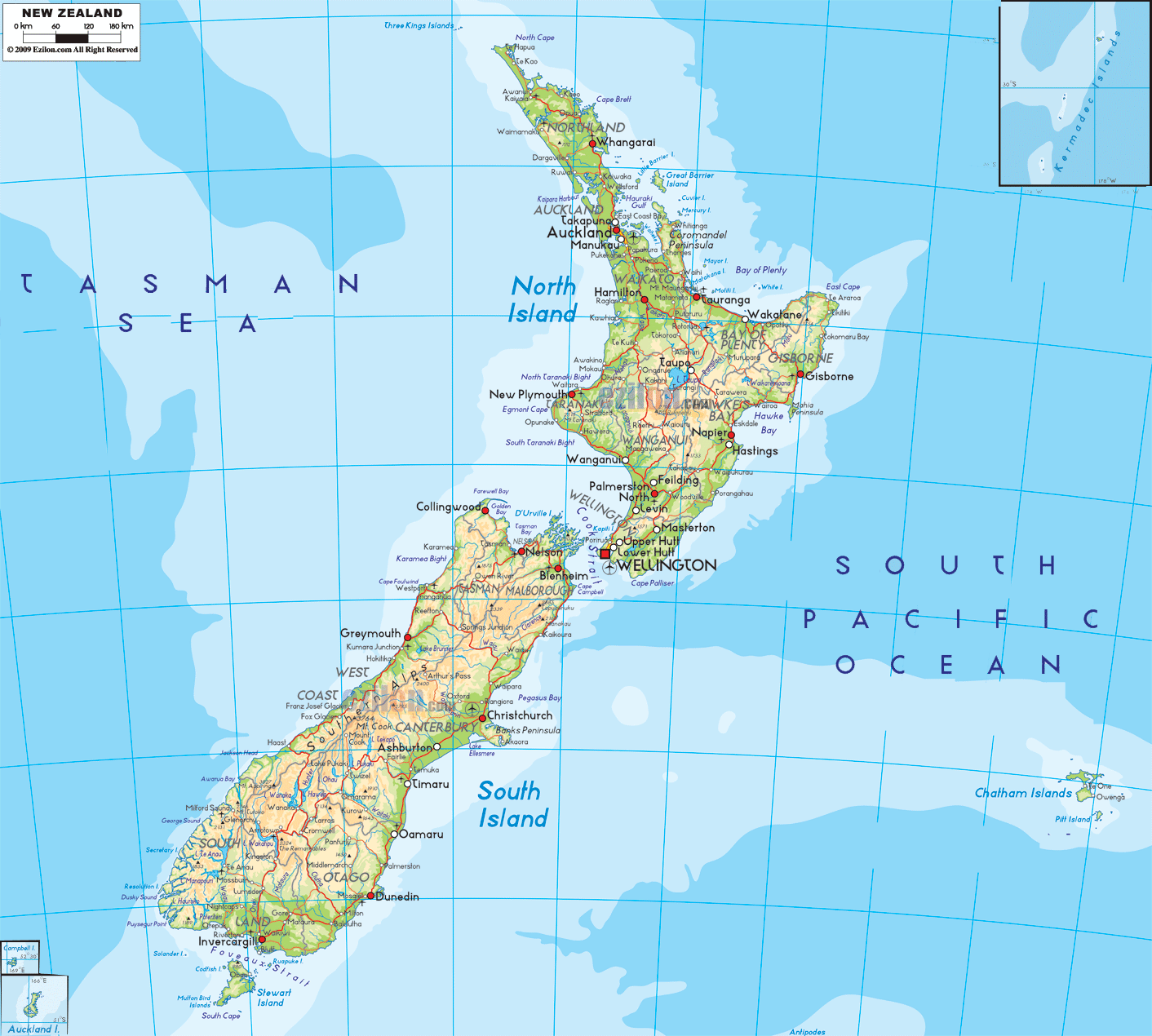 1412x1270 Physical Map of New Zealand
