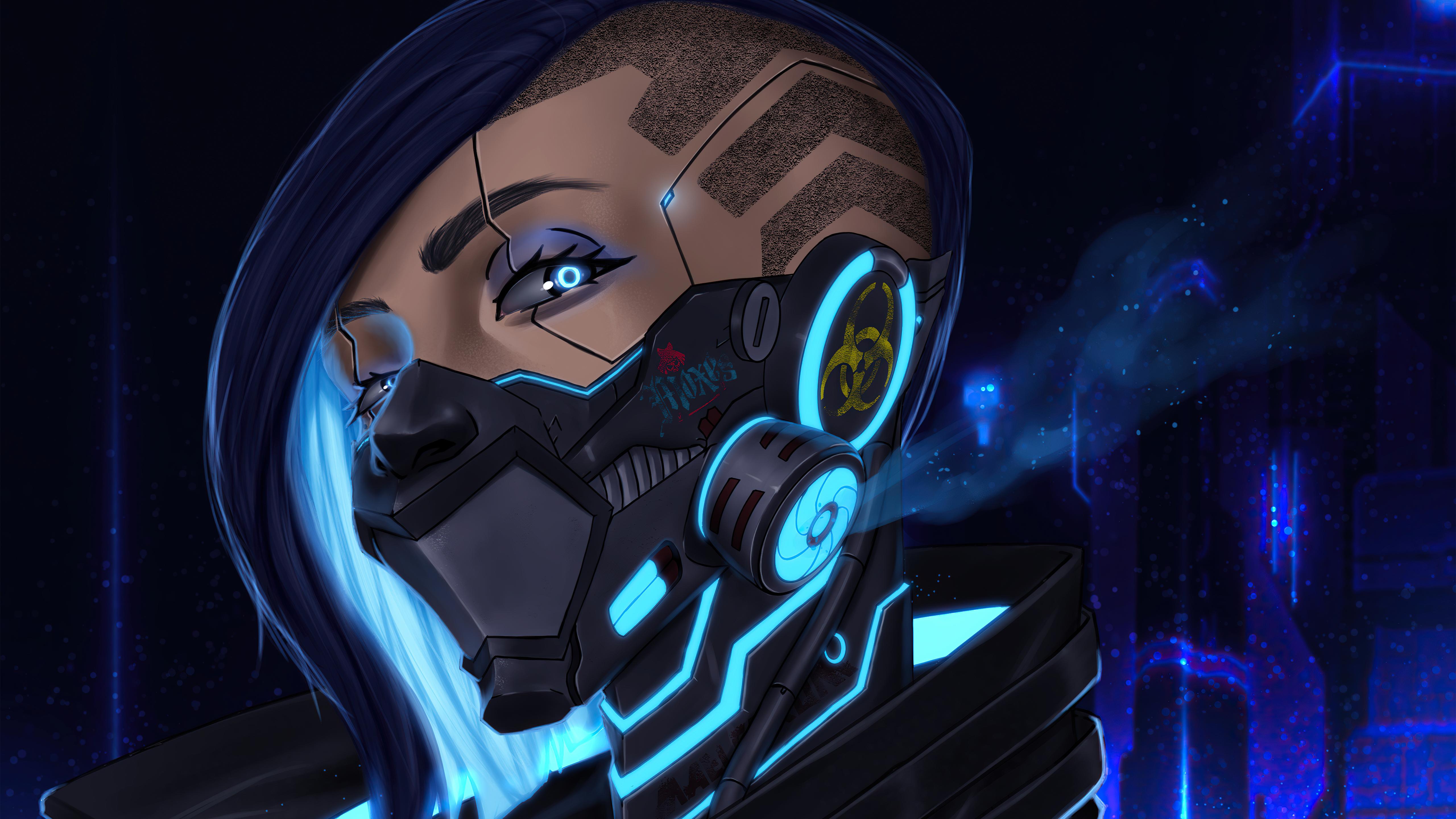 5120x2880 Cyberpunk Girl Blue Mask 5k 1366x768 Resolution HD 4k Wallpaper, Image, Background, Photo and Picture