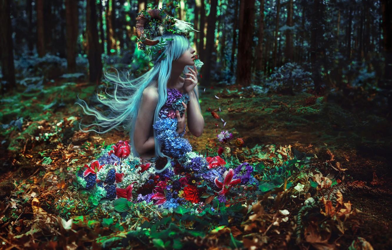 1332x850 Wallpaper forest, girl, flowers, Kindra Nikole, Of Withering Abundance image for desktop, section рендеринг
