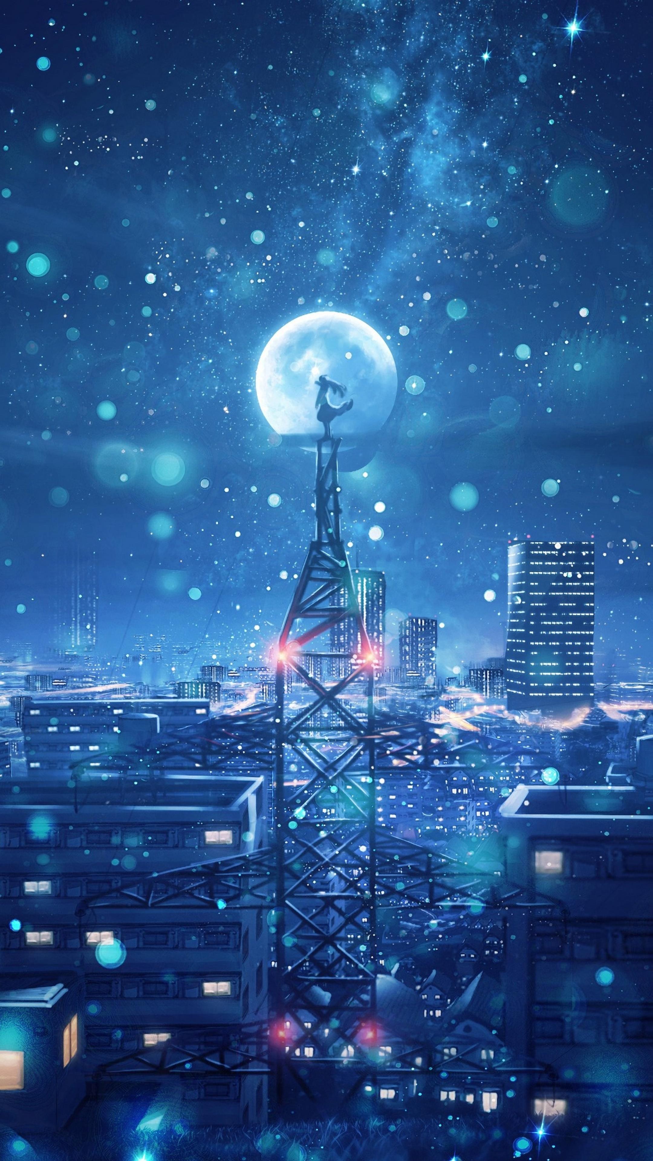 2160x3840 Blue Night Big Moon Anime Scenery 4k Sony Xperia X, XZ, Z5 Premium HD 4k Wallpaper, Image, Background, Photo and Picture