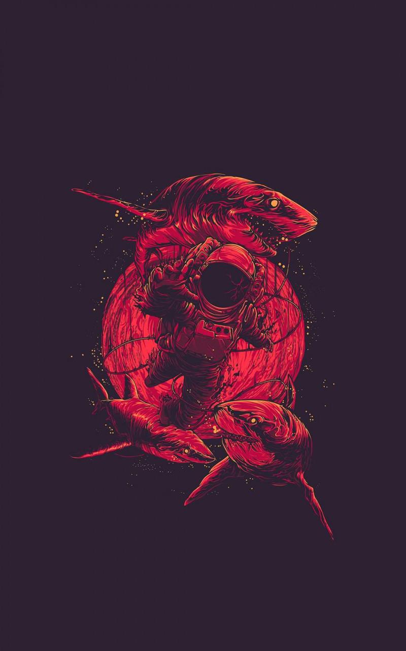 800x1280 red astronaut and sharks minimal abstract Mobile Wallpaper