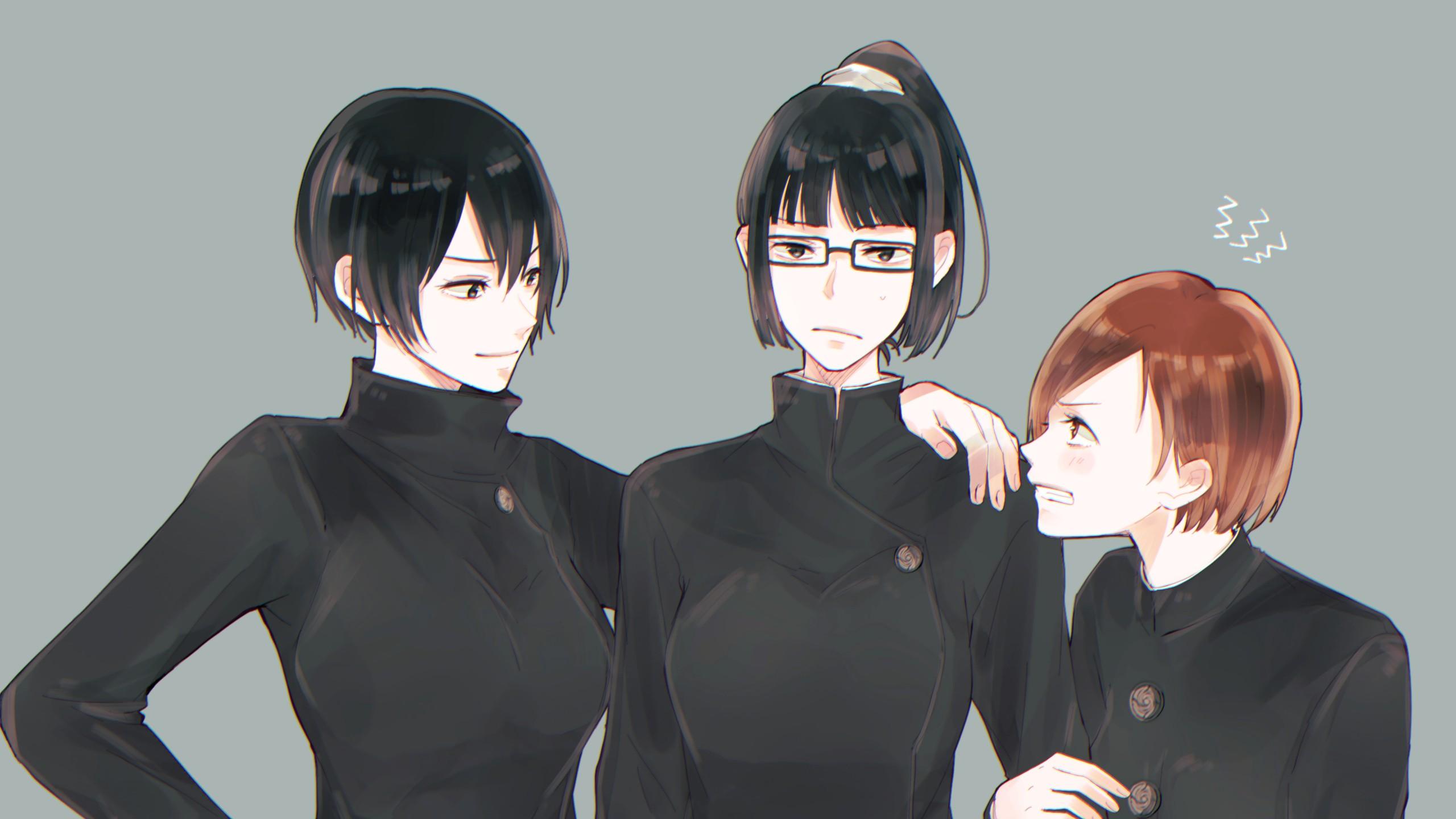2560x1440 Black Hair Brown Eyes Brown Hair Girl Glasses Mai Zenin Maki Zenin Nobara Kugisaki School Uniform HD Jujutsu Kaisen Wallpaper