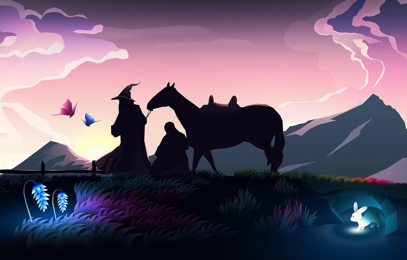 1332x850 Wallpaper colorful, fantasy, hat, rabbit, art, mountains, sunrise, The Lord of the Rings, horse, digital art, Gandalf, artwork, wizard, fantasy art, silhouette, butterflies image for desktop, section арт