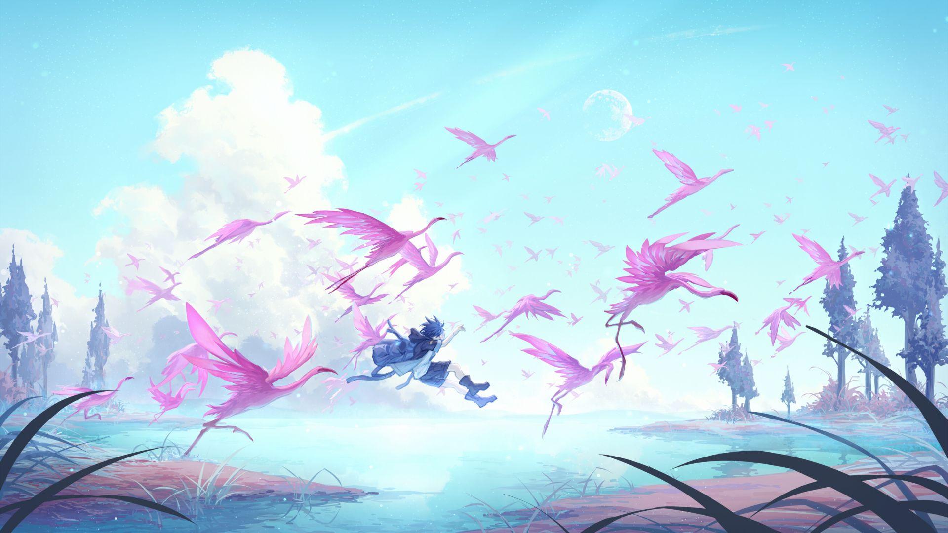 1920x1080 Desktop wallpaper birds, pink, anime boy, jump, outdoor, HD image, picture, background, 6d187b