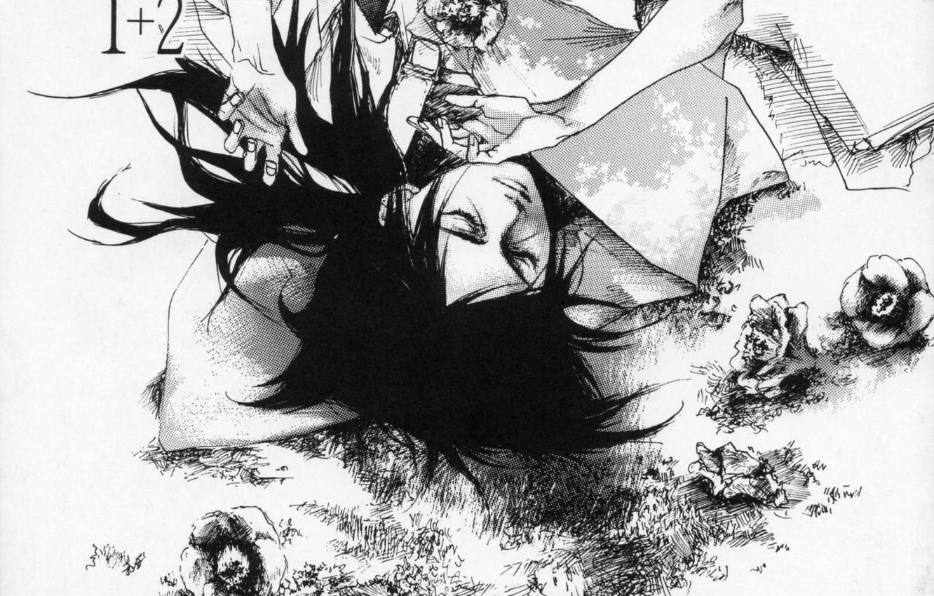 1332x850 Wallpaper figure, black and white, hands, kimono, Itachi Uchiha, Naruto Shippuden, lying on her back, Camellia, on earth, by Yamato Yamamoto image for desktop, section сёнэн