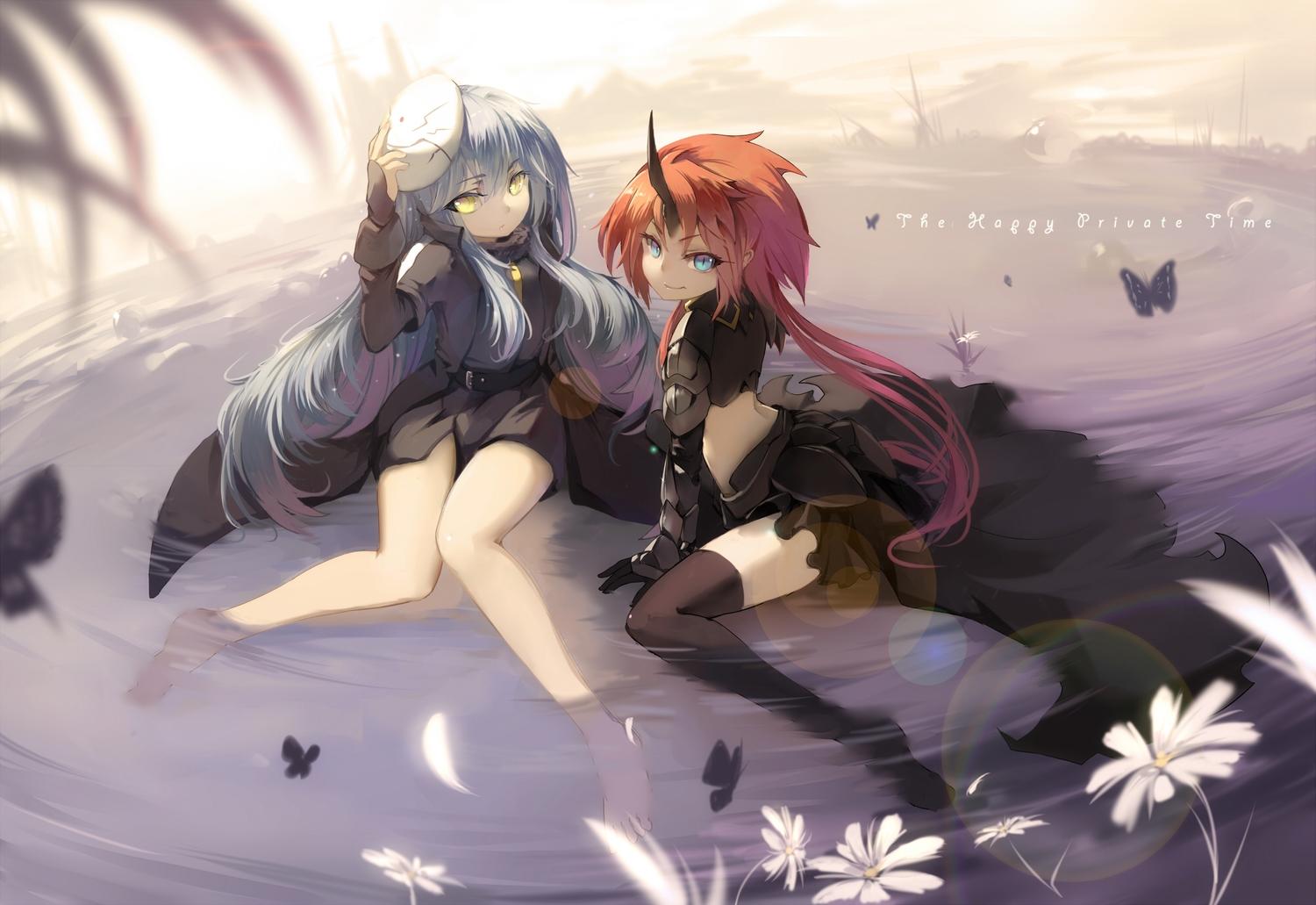 1500x1031 2girls aqua eyes flowers gray hair horns long hair mask milim nava orange hair rimuru tempest tensei shitara slime datta ken thighhighs undeedking yellow eyes. konachan.com.com Anime Wallpaper