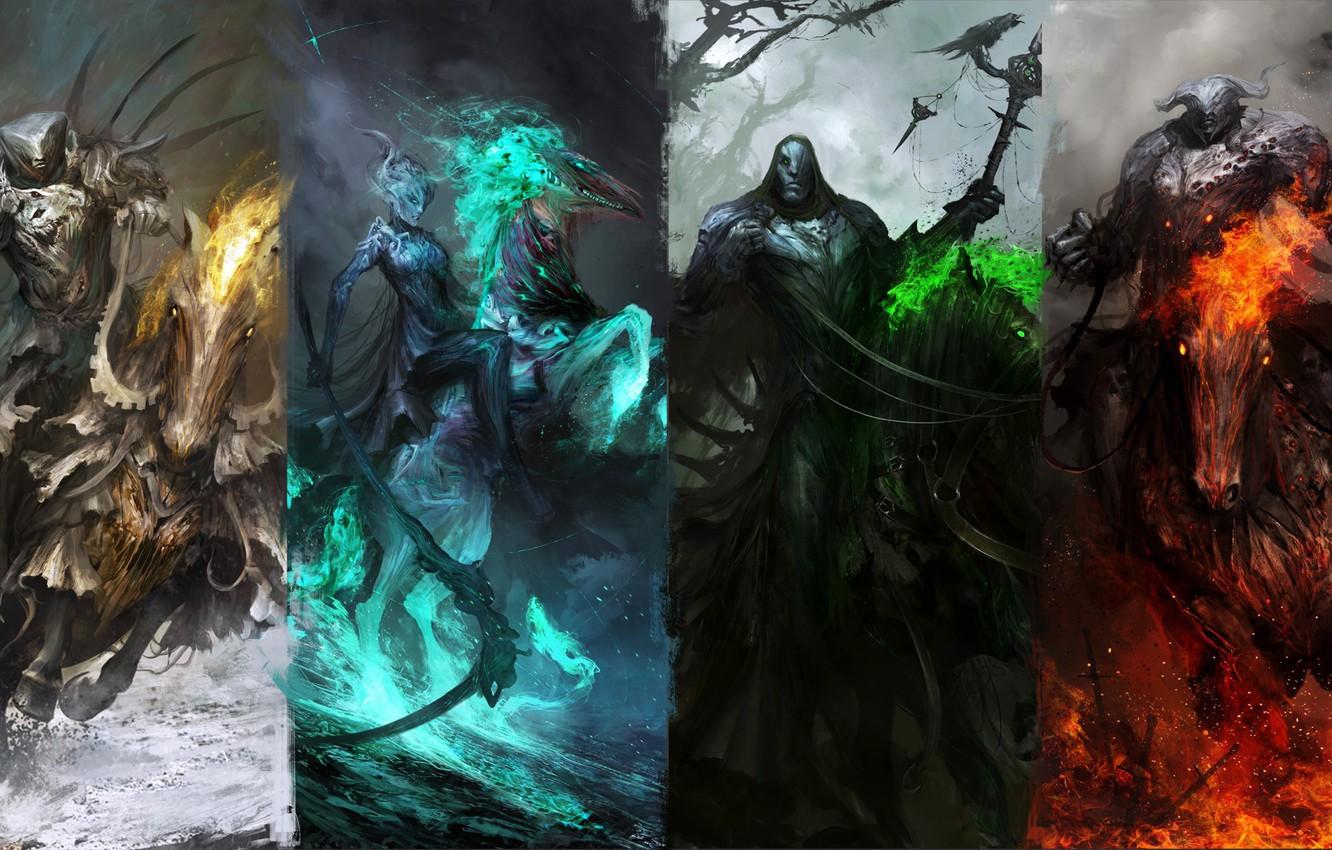 1332x850 Wallpaper green, dark, fire, red, sword, white, fantasy, black, horses, knights, artwork, warriors, fantasy art, dark fantasy, collage, scythe image for desktop, section фантастика