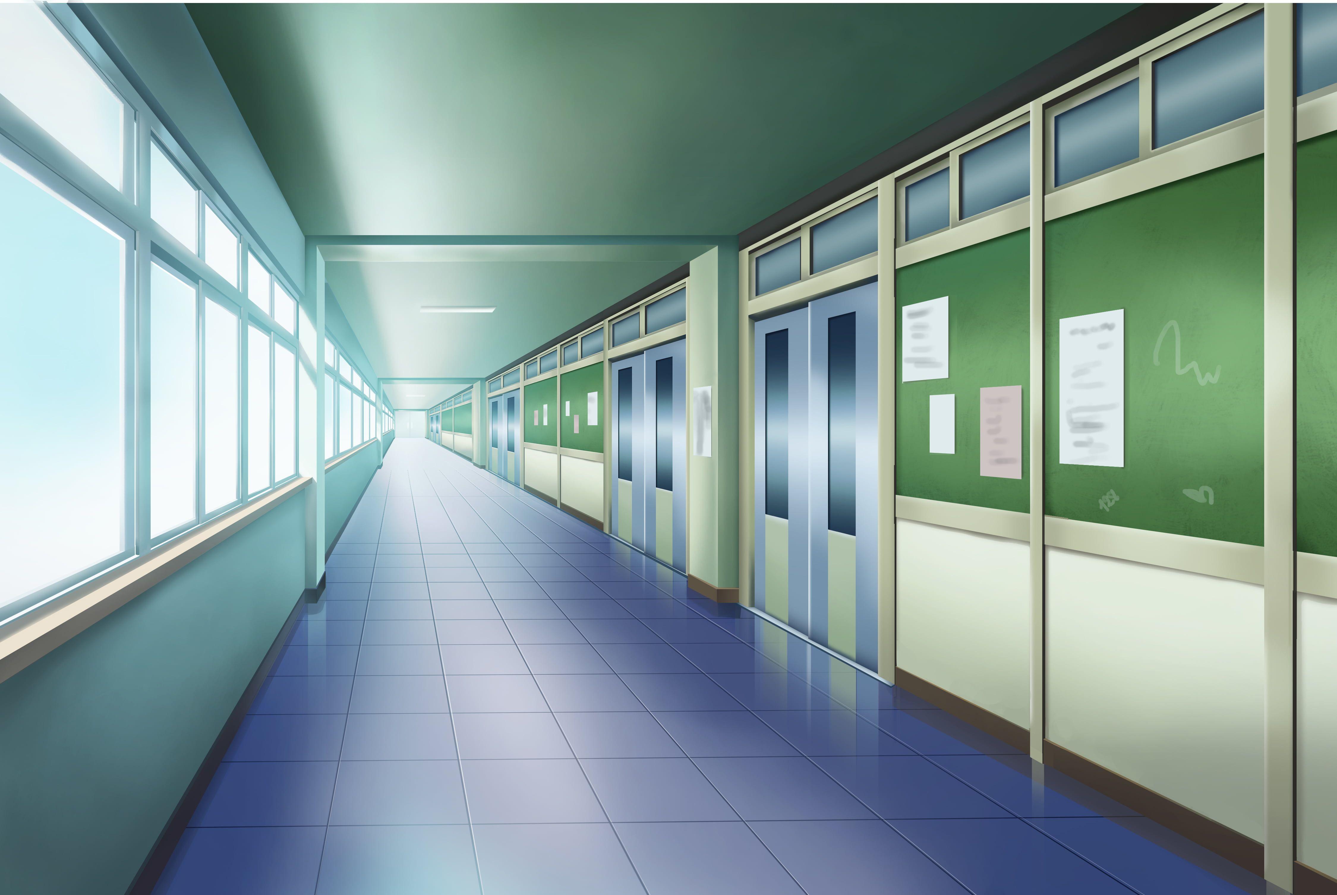 office building inside anime art