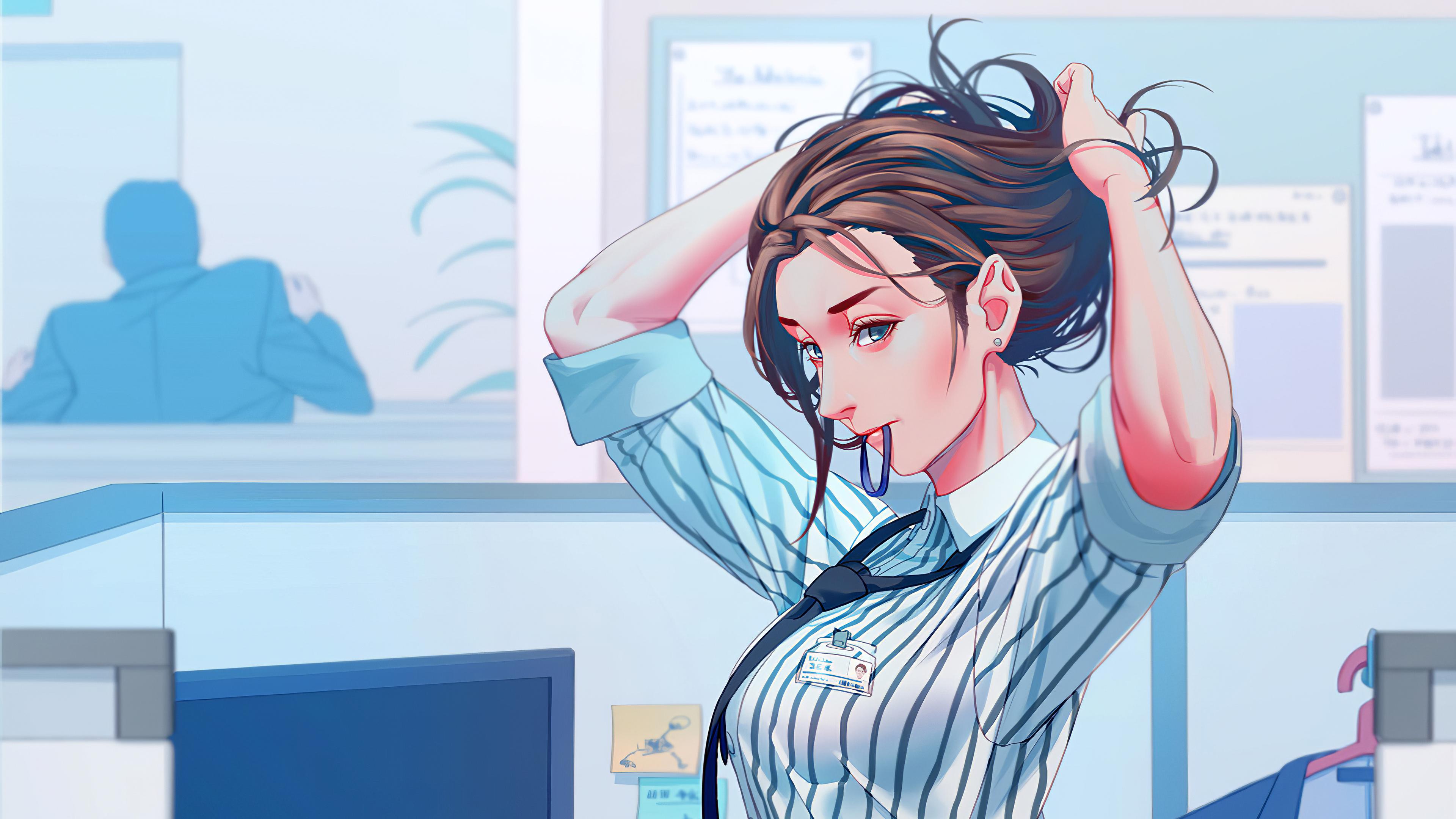 3840x2160 Office Anime Girl Adjusting Hairs 4k, HD Anime, 4k Wallpaper, Image, Background, Photo and Picture