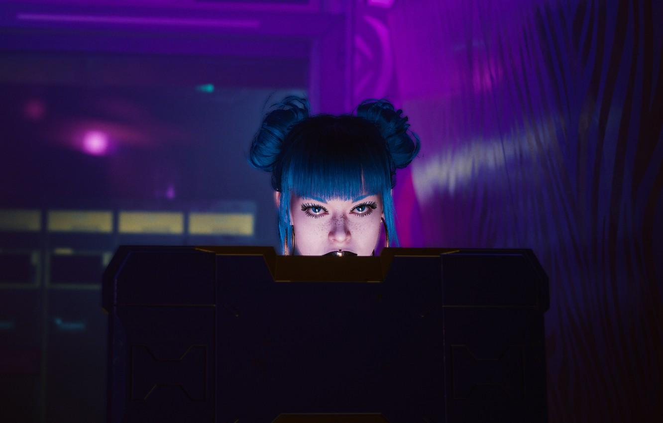 1332x850 Wallpaper girl, computer, cyberpunk, lips, look, violet, looking, cyberpunk reception, Night City image for desktop, section игры