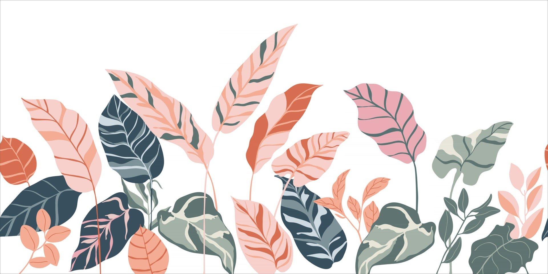 1920x960 Tropical Forest Art Deco Wallpaper. Floral Pattern With Exotic Flowers And Leaves, Split Leaf Philodendron Plant , Monstera Plant, Jungle Plants Line Art On Trendy Background. Vector Illustration