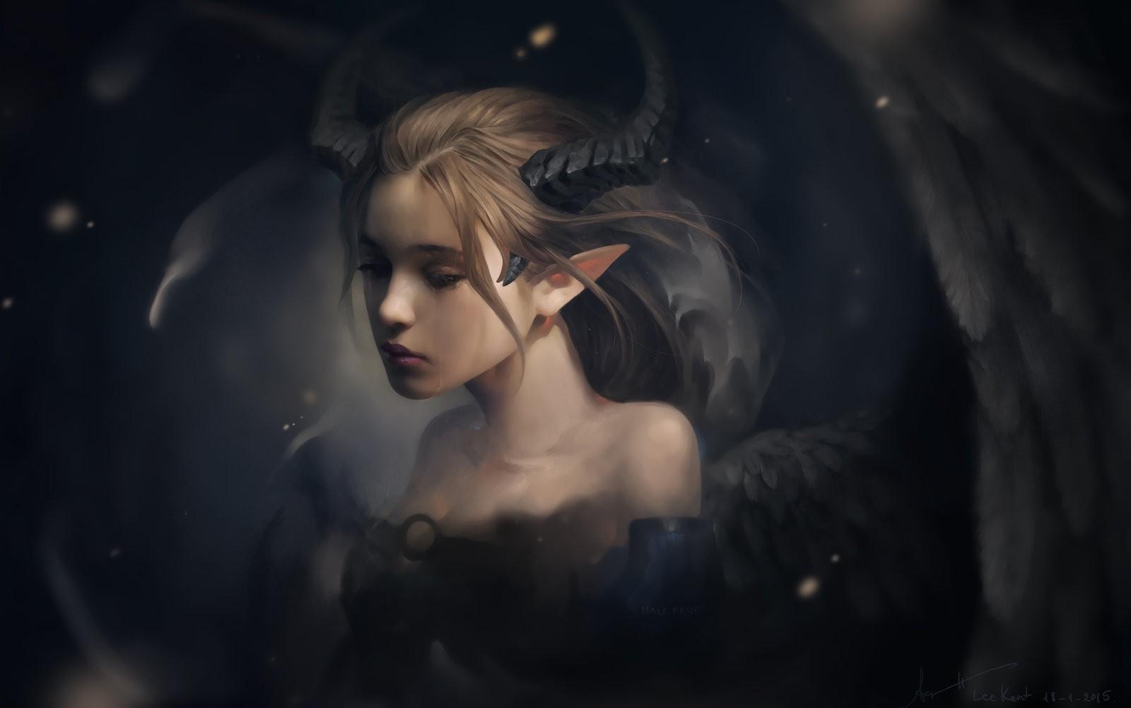 1600x1002 #fantasy art, #demon, #crying, #wings, #demon girls, #sad, #horns, #drawing, wallpaper. Mocah HD Wallpaper