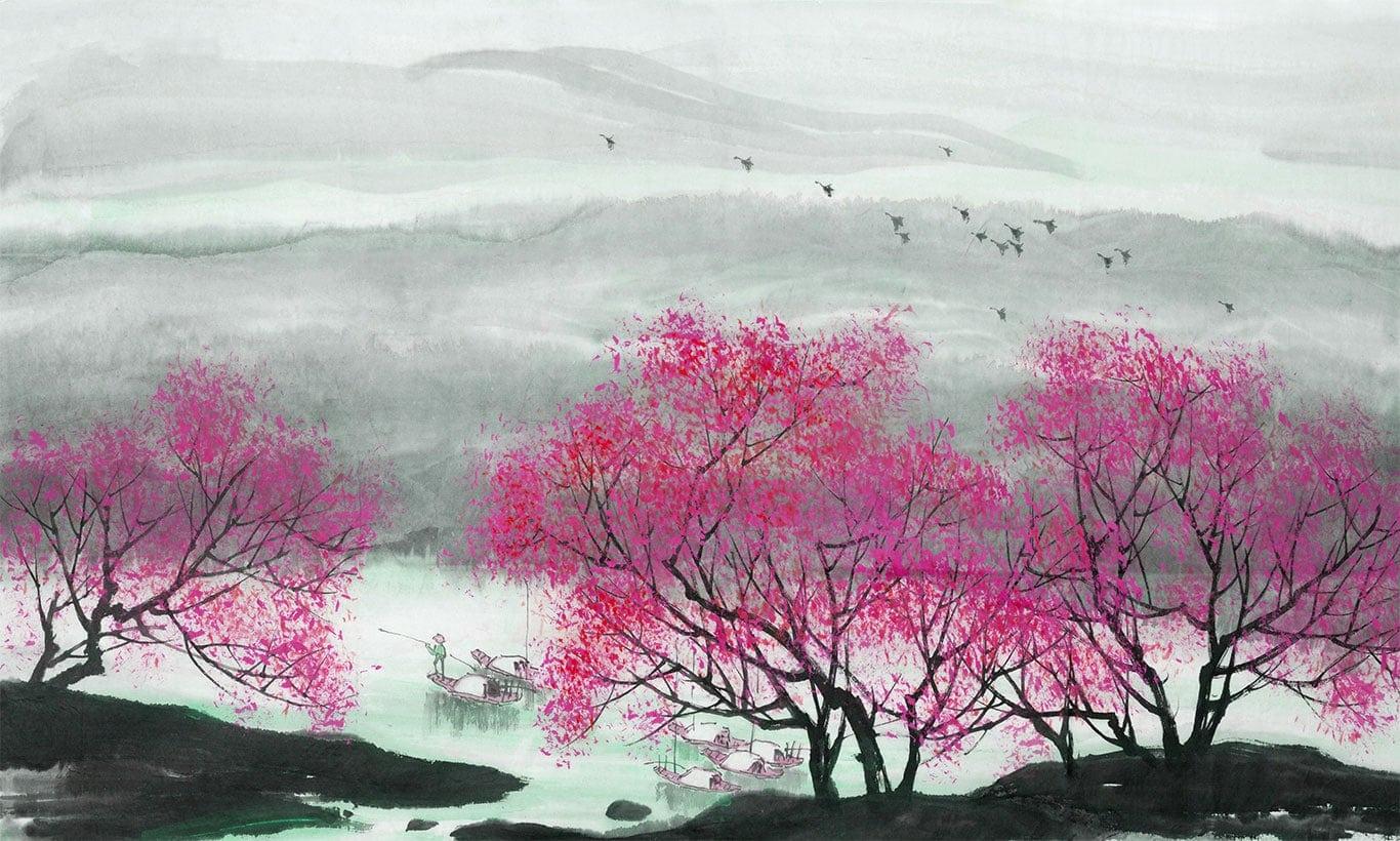 1366x820 Elegant Japanese Misty River Cherry Blossom Trees Wallpaper