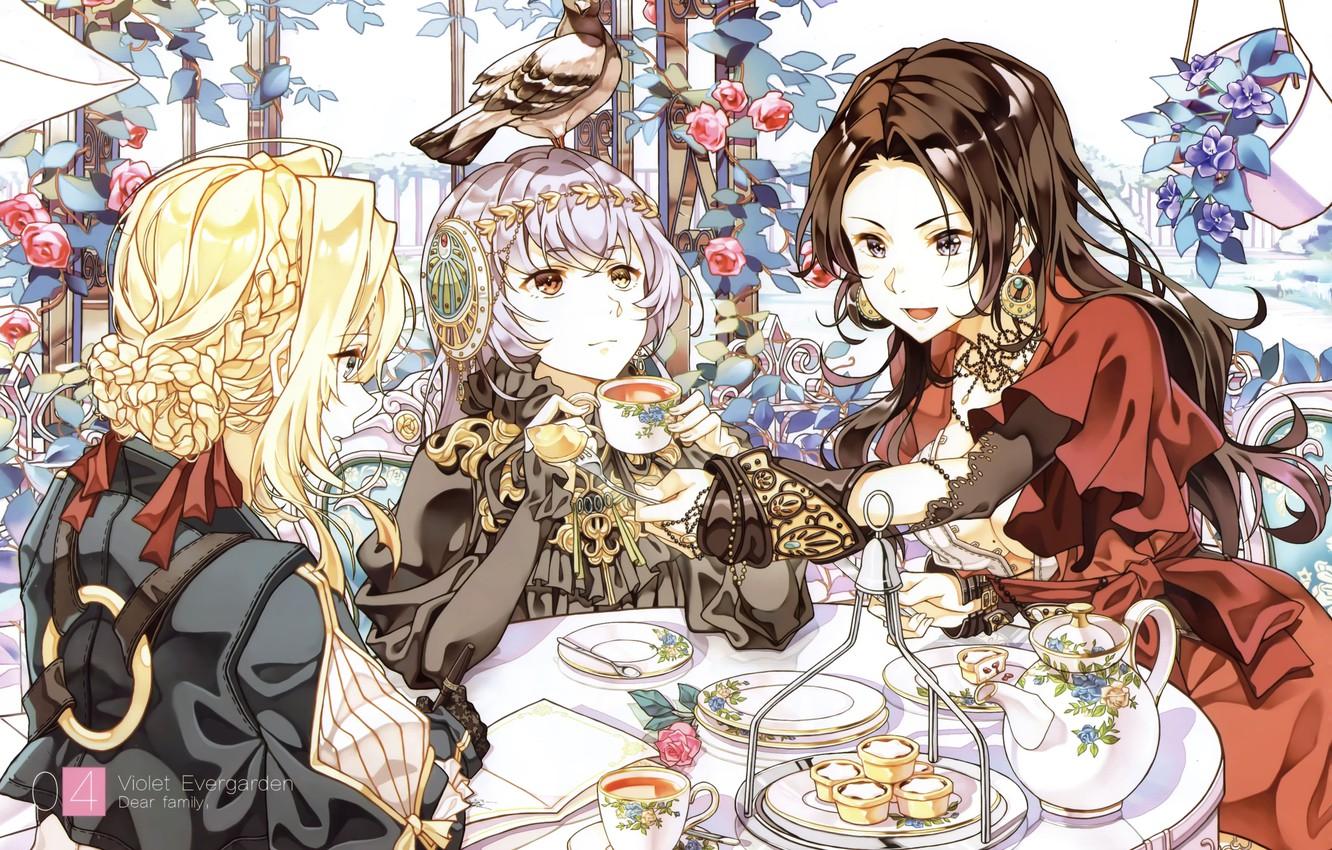 1332x850 Wallpaper dove, hairstyle, the tea party, sweets, plates, red dress, gazebo, set, treat, three girls, the rose Bush, Violet Evergarden, violet evergarden, Cattleya Baudelaire, Lux Sibyl image for desktop, section сёнэн
