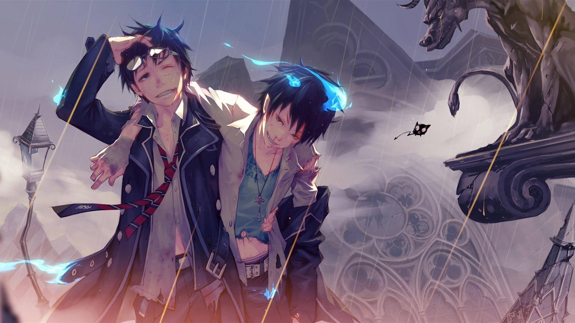 1920x1080 illustration, flowers, anime, horns, katana, Blue Exorcist, Okumura Rin, blue flames, Monster Energy, costume, costume design. Mocah HD Wallpaper