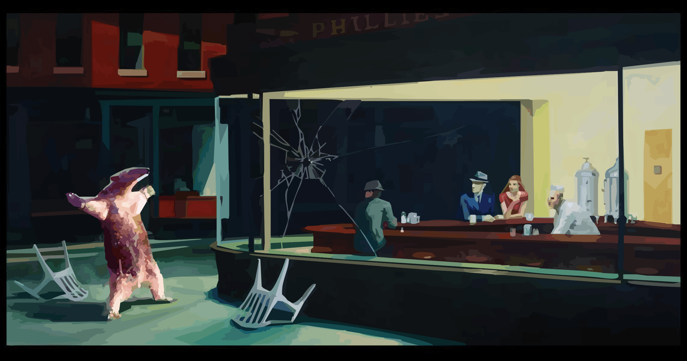 2400x1261 #humor, #parody, #artwork, #wanna fight?, #Edward Hopper, #memes, #Come at me bro, #Nighthawks, #anteaters, wallpaper. Mocah HD Wallpaper