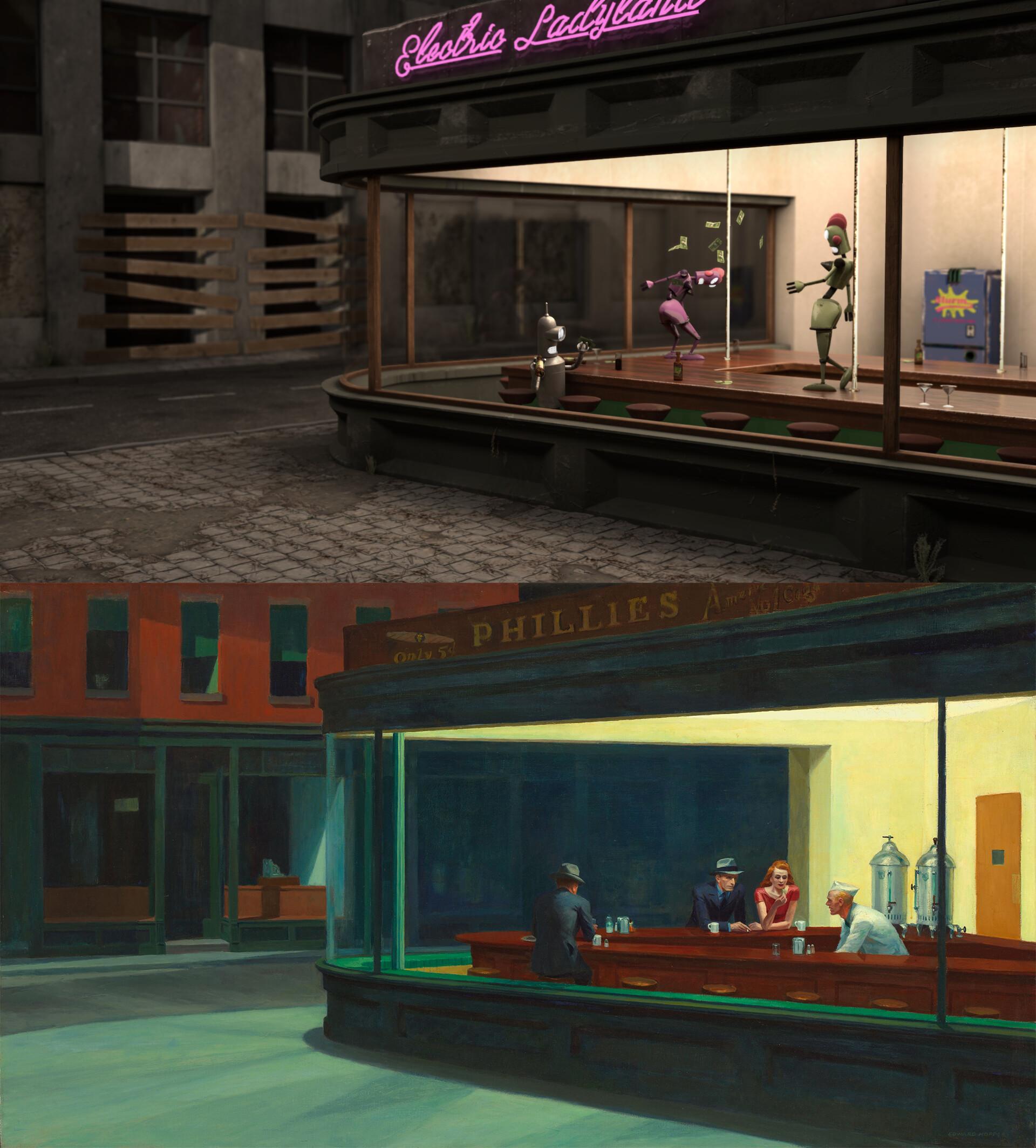 1920x2128 Futurama meets Nighthawks by Edward Hopper, Kevin Neyrinck