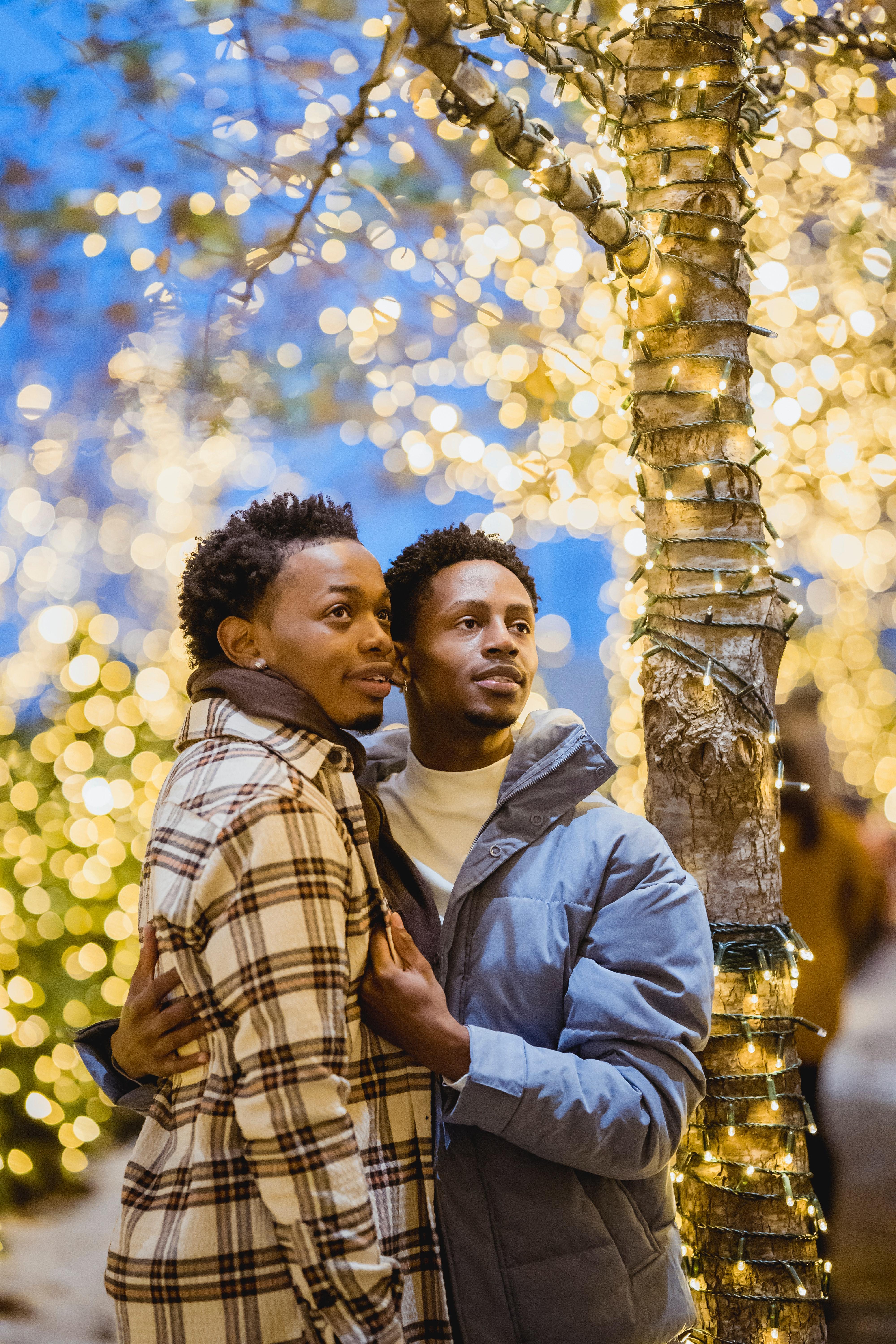 4000x6000 Black gay couple embracing while standing near trees with garlands · Free