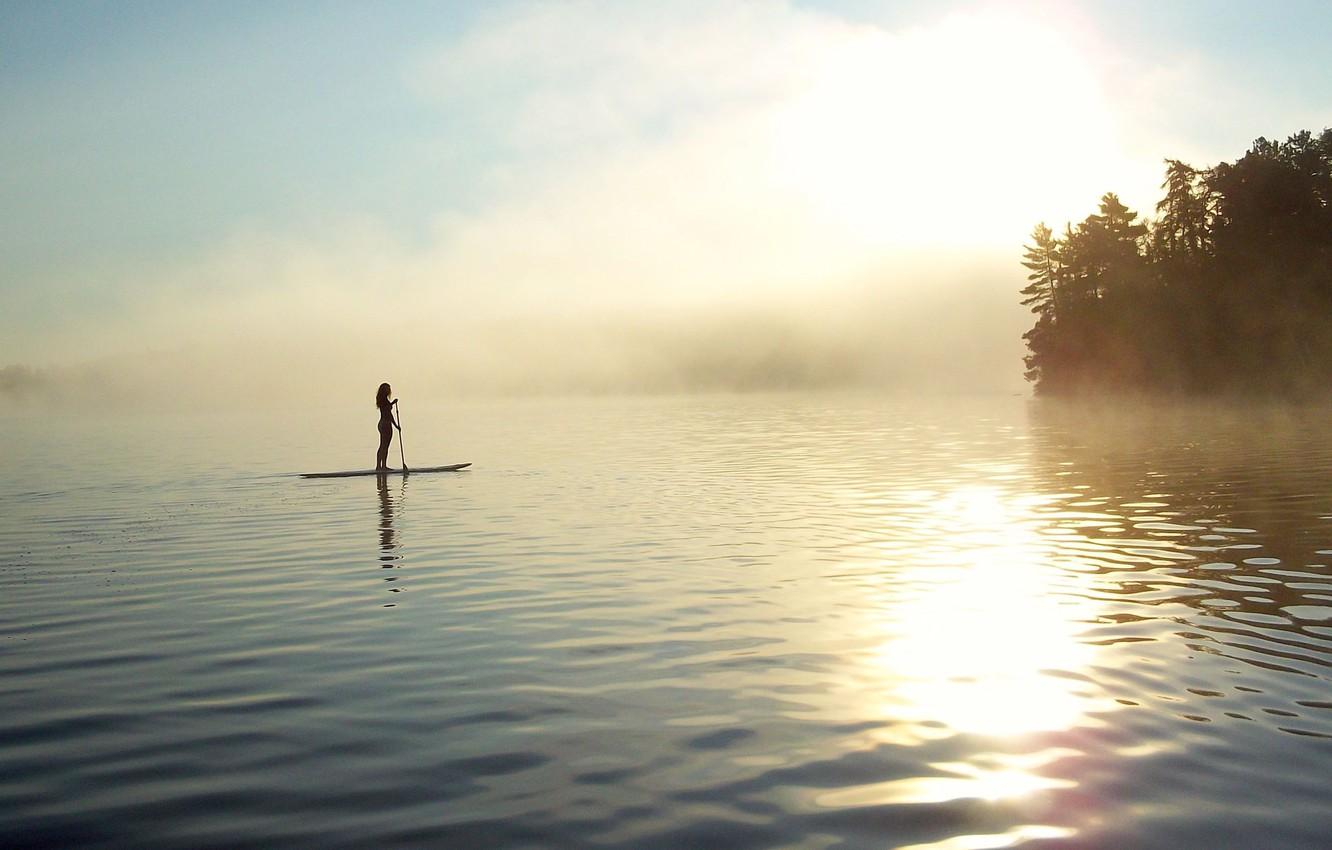 1332x850 Wallpaper girl, fog, lake, shore, morning, paddle, SUP image for desktop, section спорт