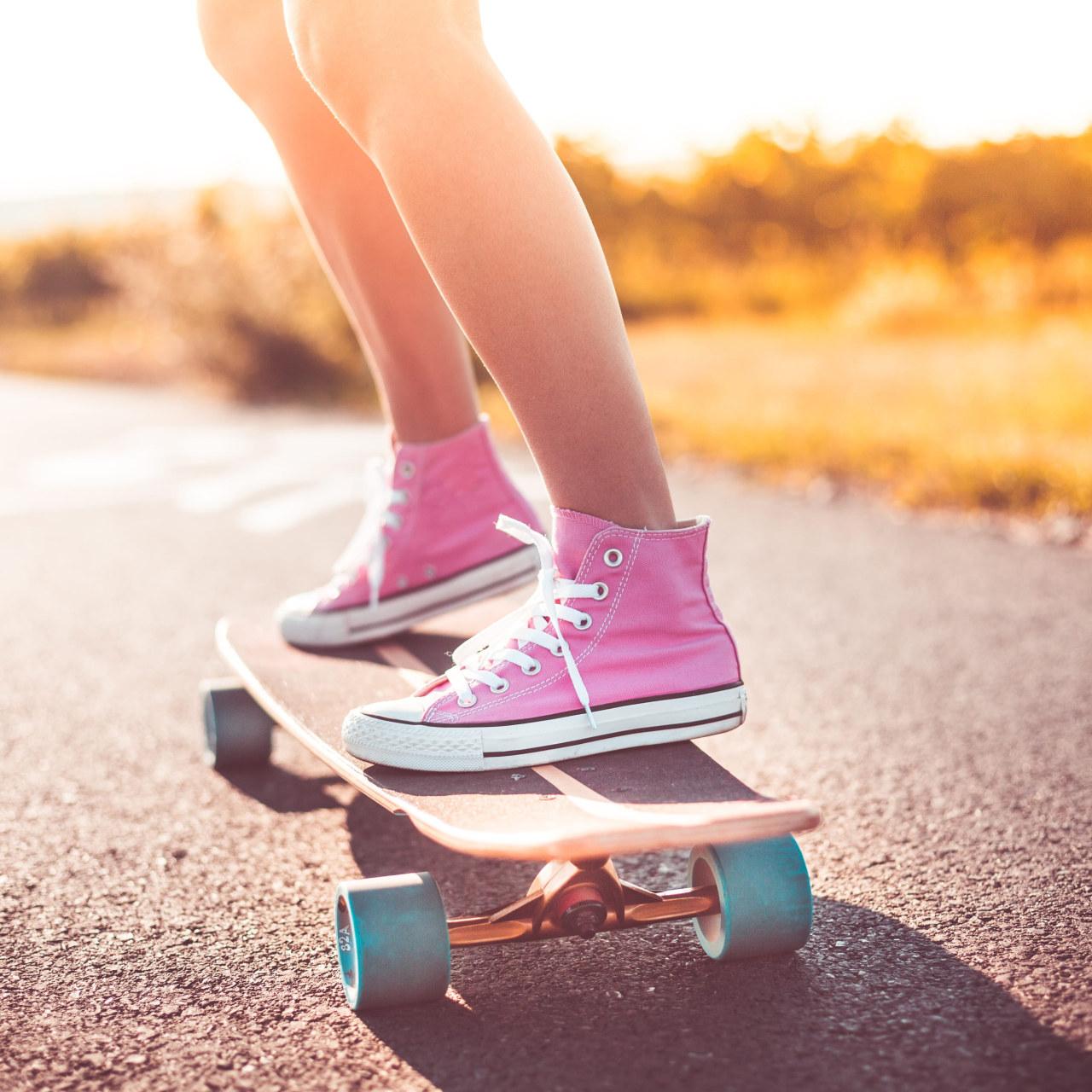 1280x1280 Wallpaper Young Girl with Pink Shoes Riding a Longboard, active, crazy • Wallpaper For You HD Wallpaper For Desktop & Mobile