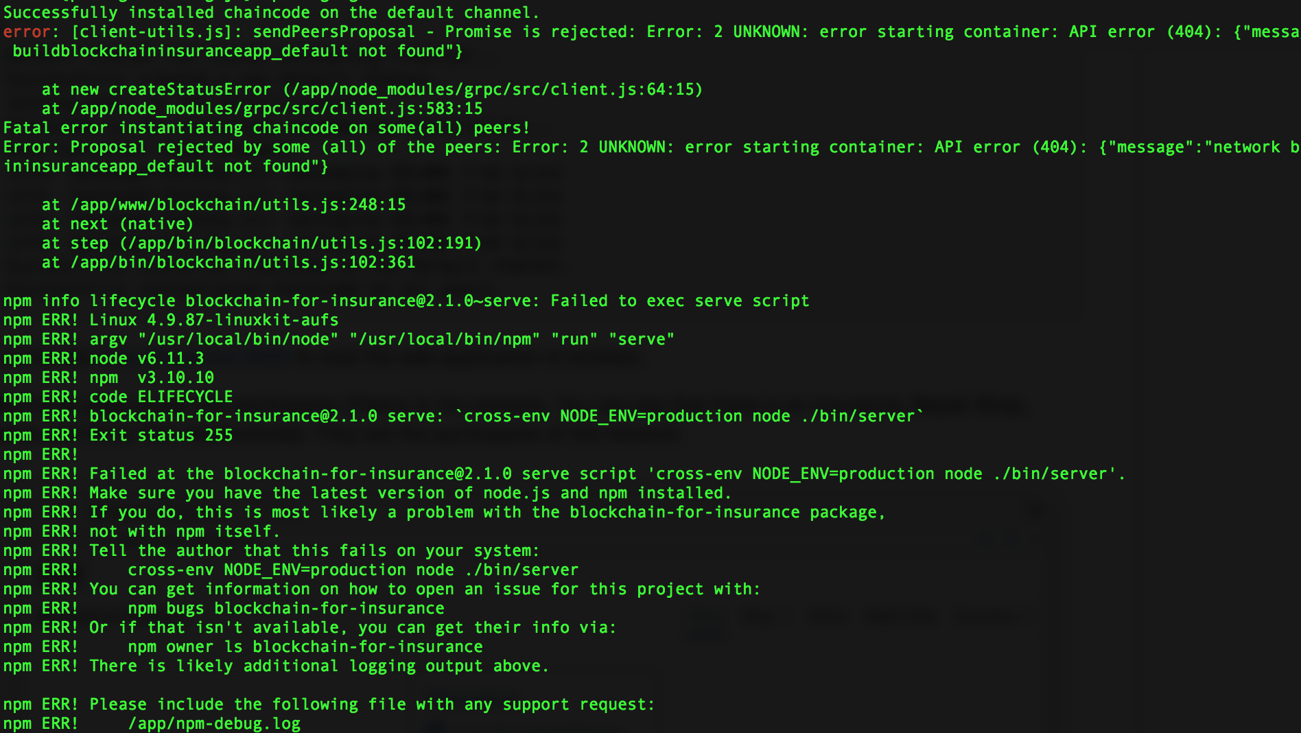 1896x1068 Error While Building The Project: Promise Is Rejected: Error: 2 UNKNOWN: Error Starting Container: · Issue · IBM Build Blockchain Insurance App · GitHub