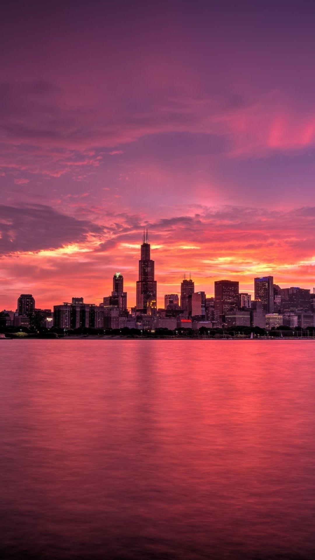 1080x1920 Chicago Buildings Evening Lights Skycrapper Sunrise. Sunrise wallpaper, Sunset city, Sky aesthetic
