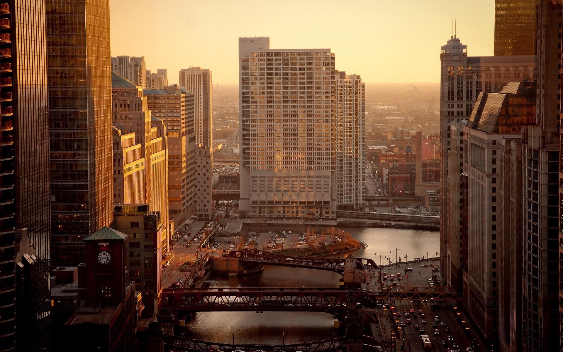 1920x1200 city, Cityscape, Sunrise, River, Bridge, Building, Chicago, USA, Road, Car Wallpaper HD / Desktop and Mobile Background