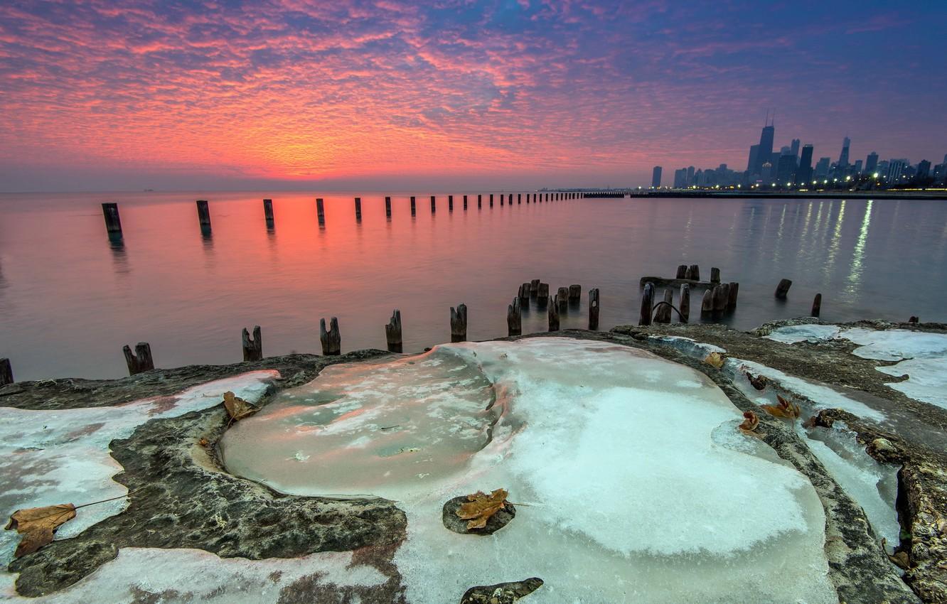 1332x850 Wallpaper ice, Chicago, Beach, water, sunrise, Lake, Michigan, Fullerton image for desktop, section город