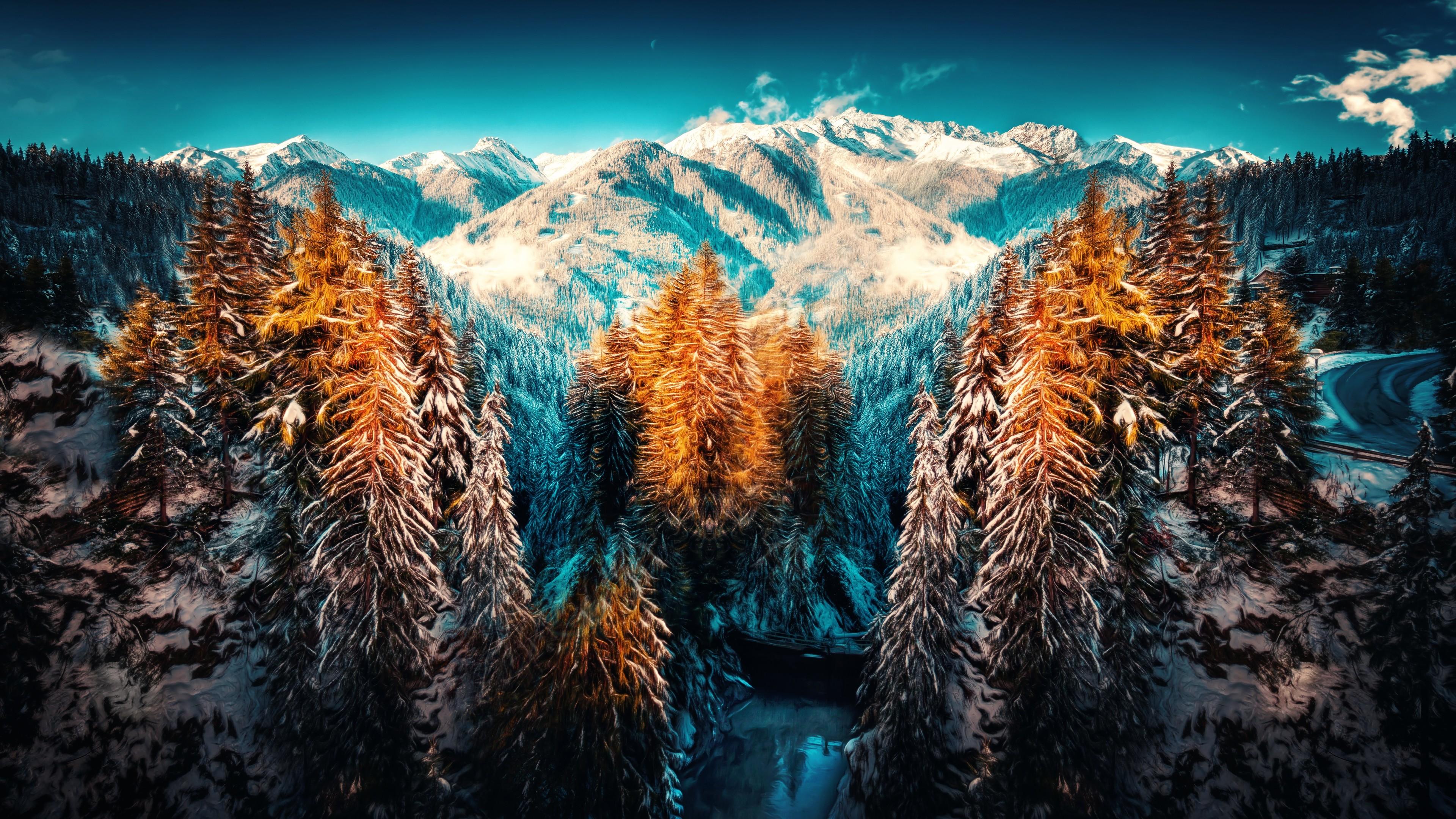 3840x2160 Snow Landscape Mountains Trees Forest 4k Landscape Desktop Background