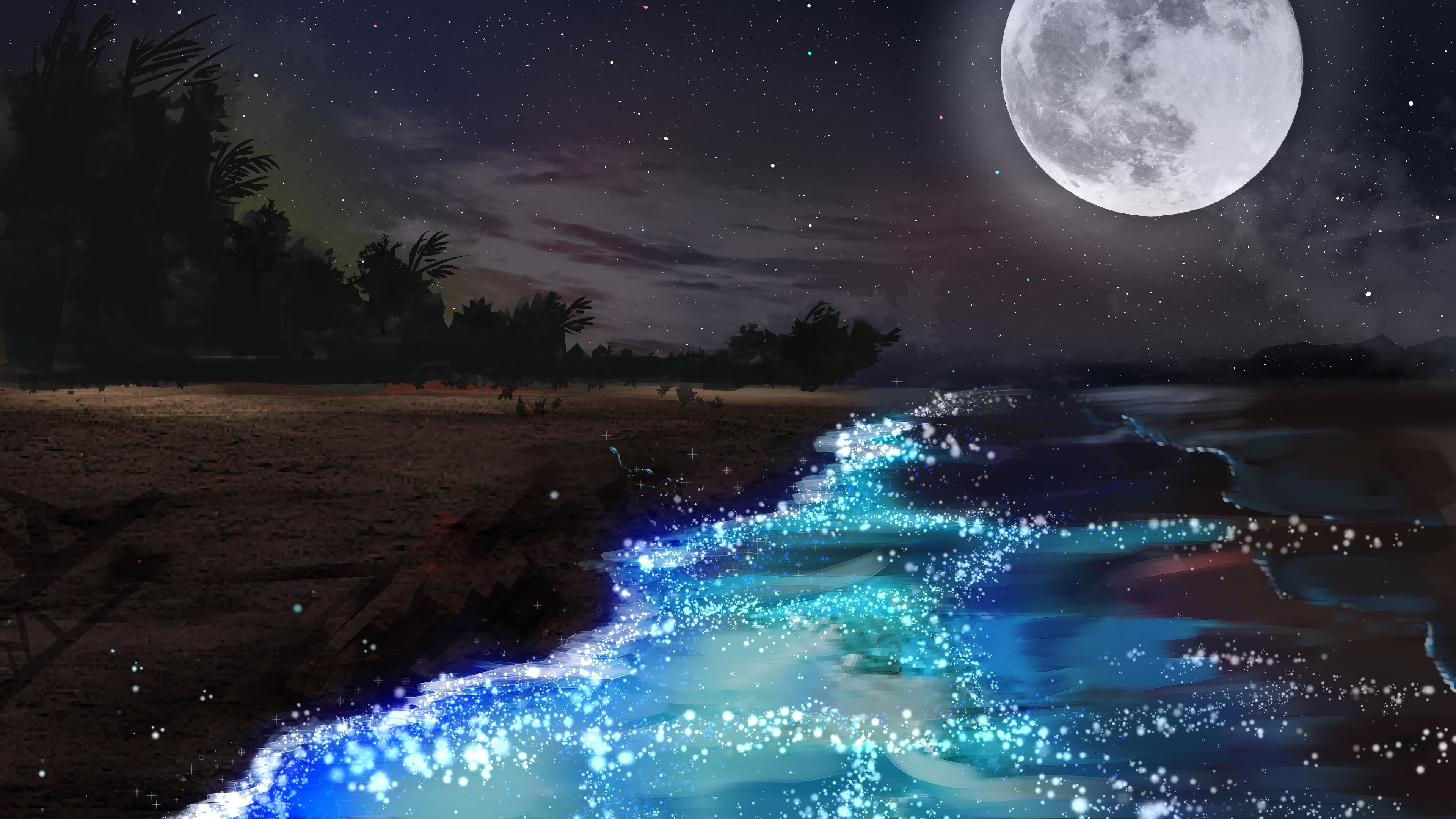 3840x2160 Seaside Beach Night Scenery Landscape Moon 4K