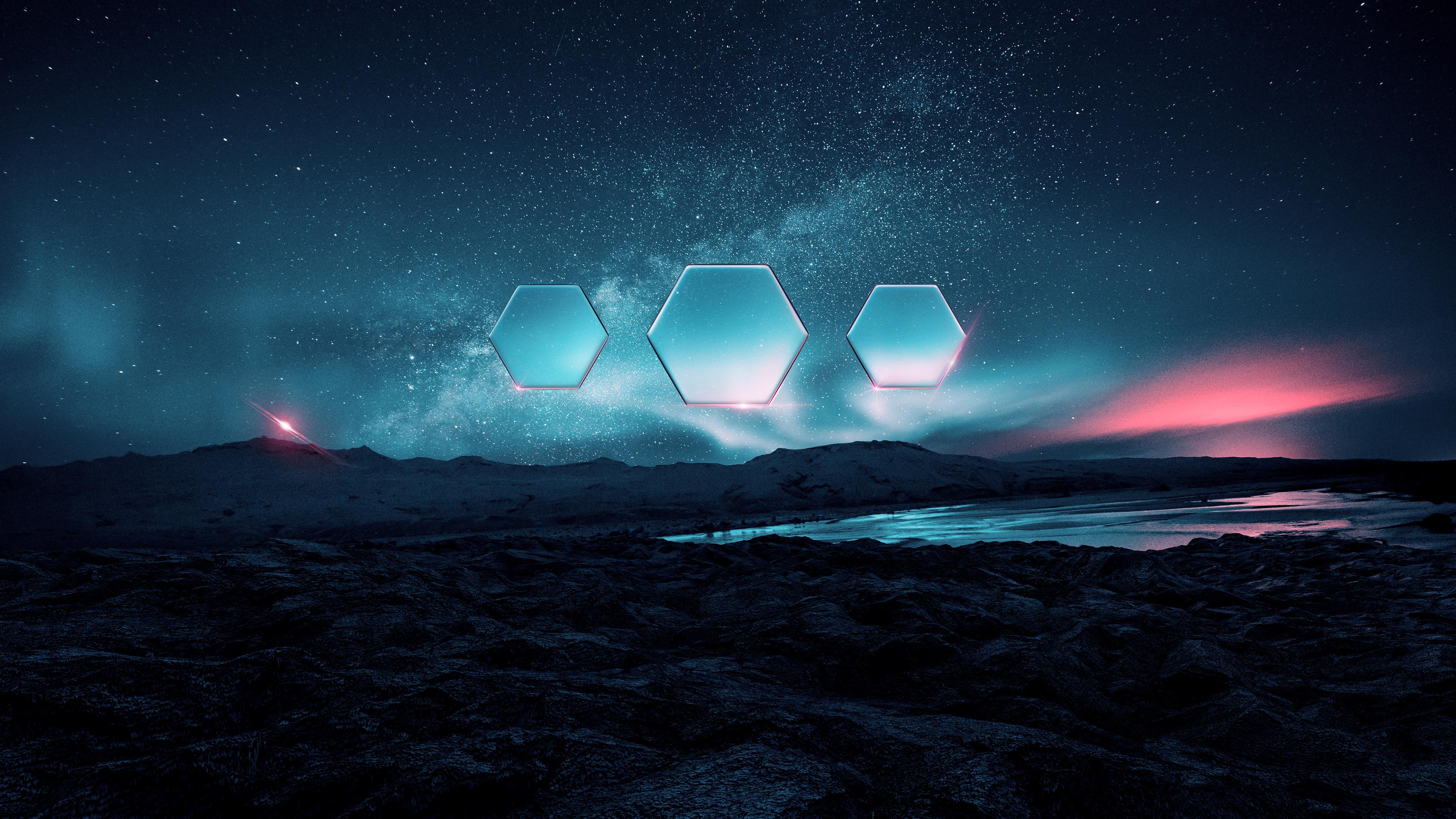 3840x2160 Night, Landscape, Aurora Borealis, Hexagons, Starry sky, Fusion, 4k Free deskk wallpaper, Ultra HD
