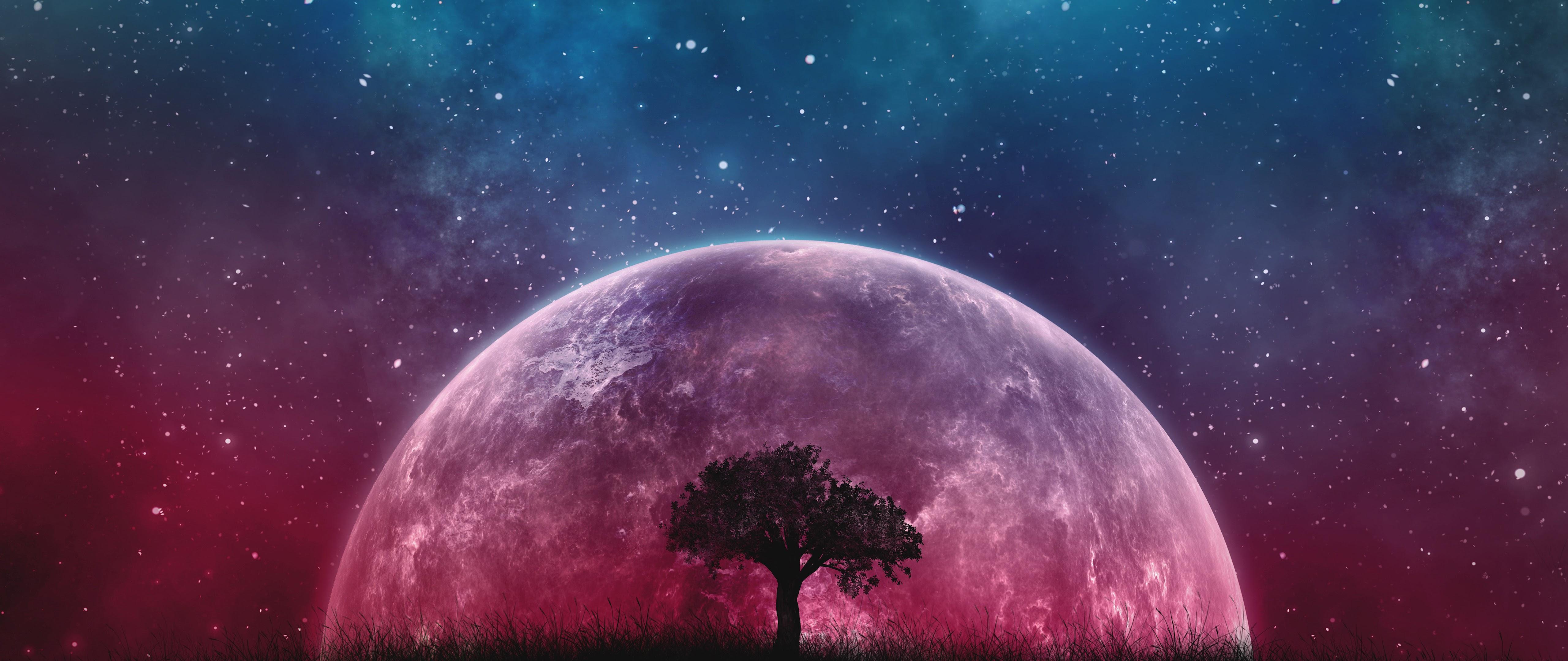 5120x2160 Moon Night Sky Stars Landscape Scenery 8K Wallpaper