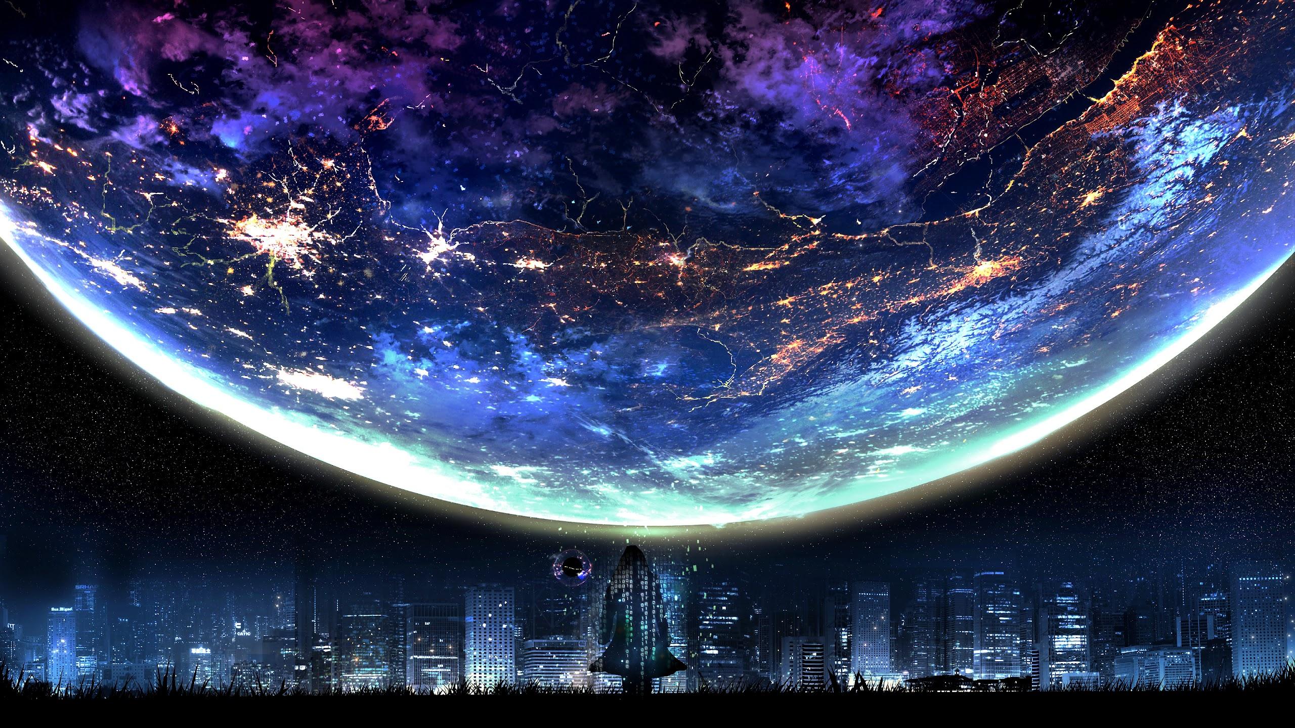 2560x1440 Planet Night City Landscape Scenery Anime 4K Wallpaper