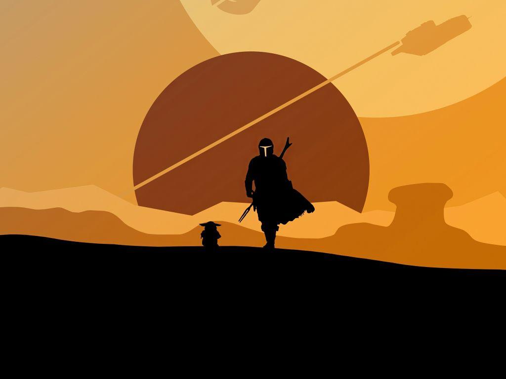 1024x768 Desktop Wallpaper The Mandalorian and Yoda, minimal, silhouette, artwork, HD image, picture, backg. Star wars wallpaper, Star wars background, Star wars art