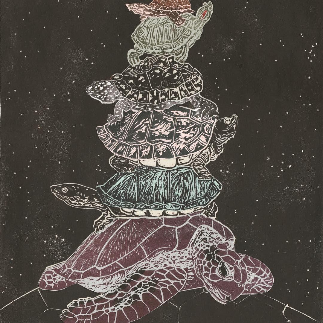 1080x1080 A detail of #turtle #sciart for #worldturtleday #linocut 'Turtles all the way do. Turtles all the way down, John green books, Turtles all the way down quotes