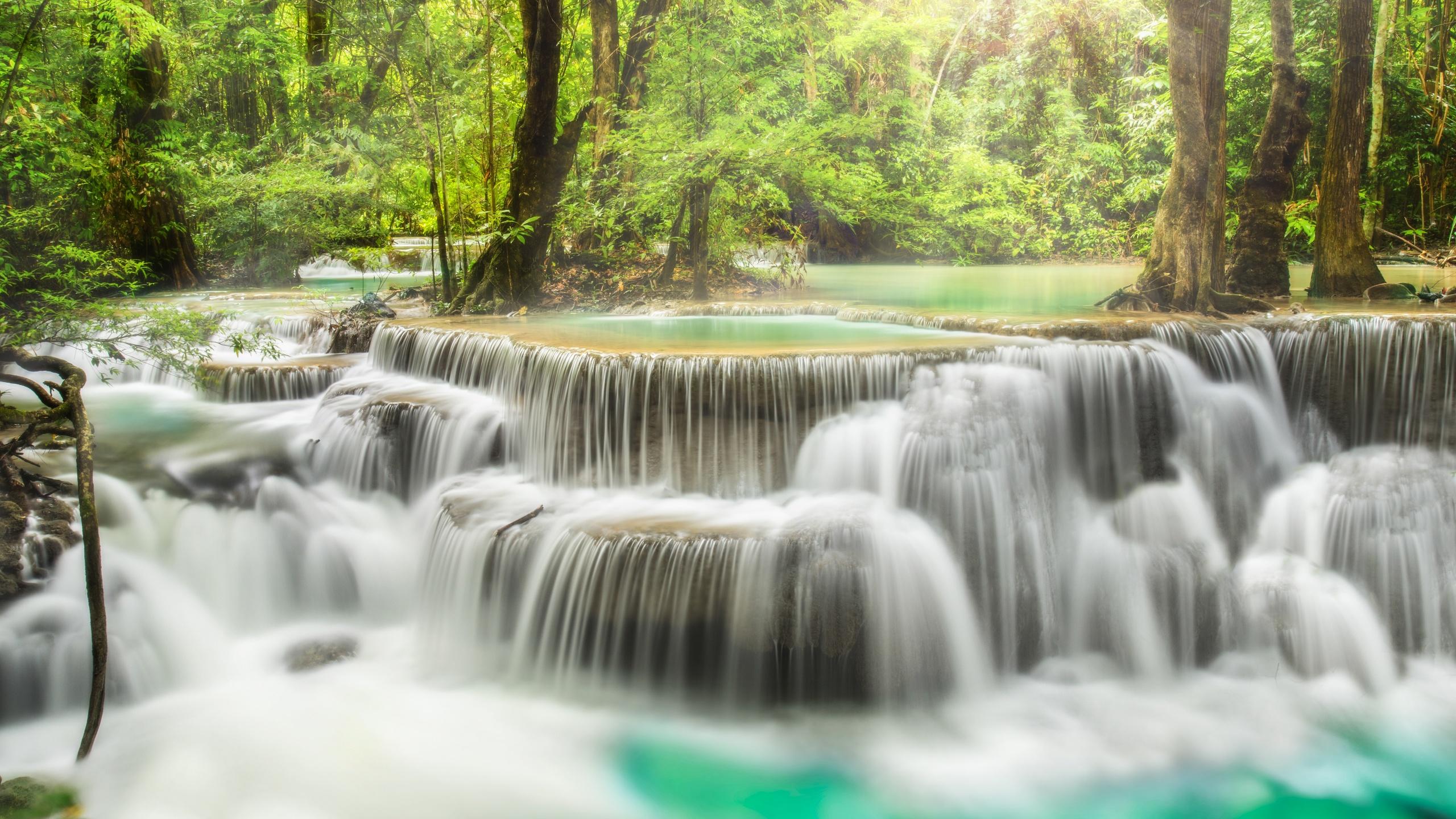 2560x1440 Erawan Falls Wallpaper 4K, Waterfall, Forest, Spring, Rainforest, Thailand, Nature