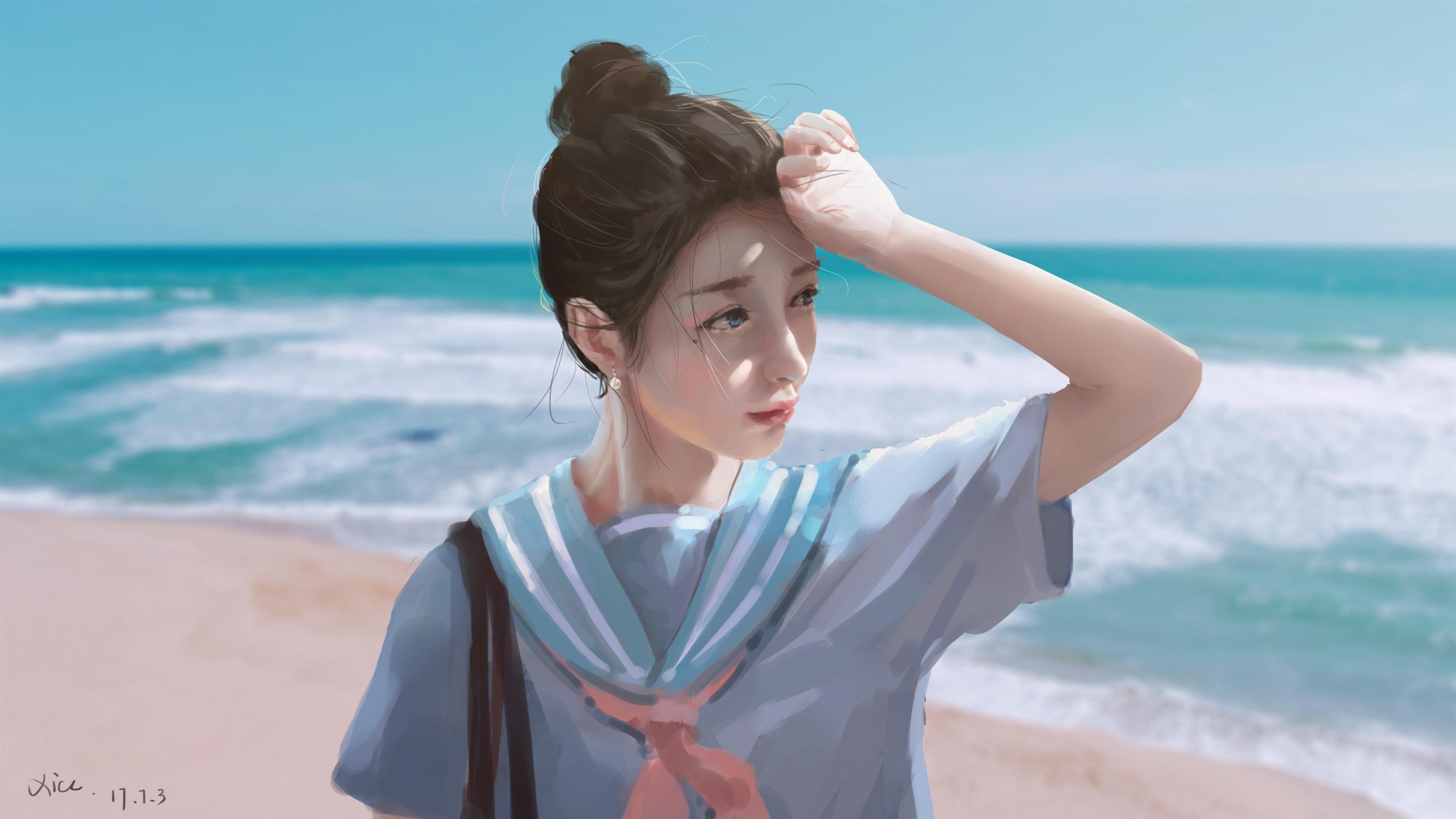 3840x2160 Wallpaper Schoolgirl, sea, beach, watercolor painting 3840x2160 UHD 4K Picture, Image