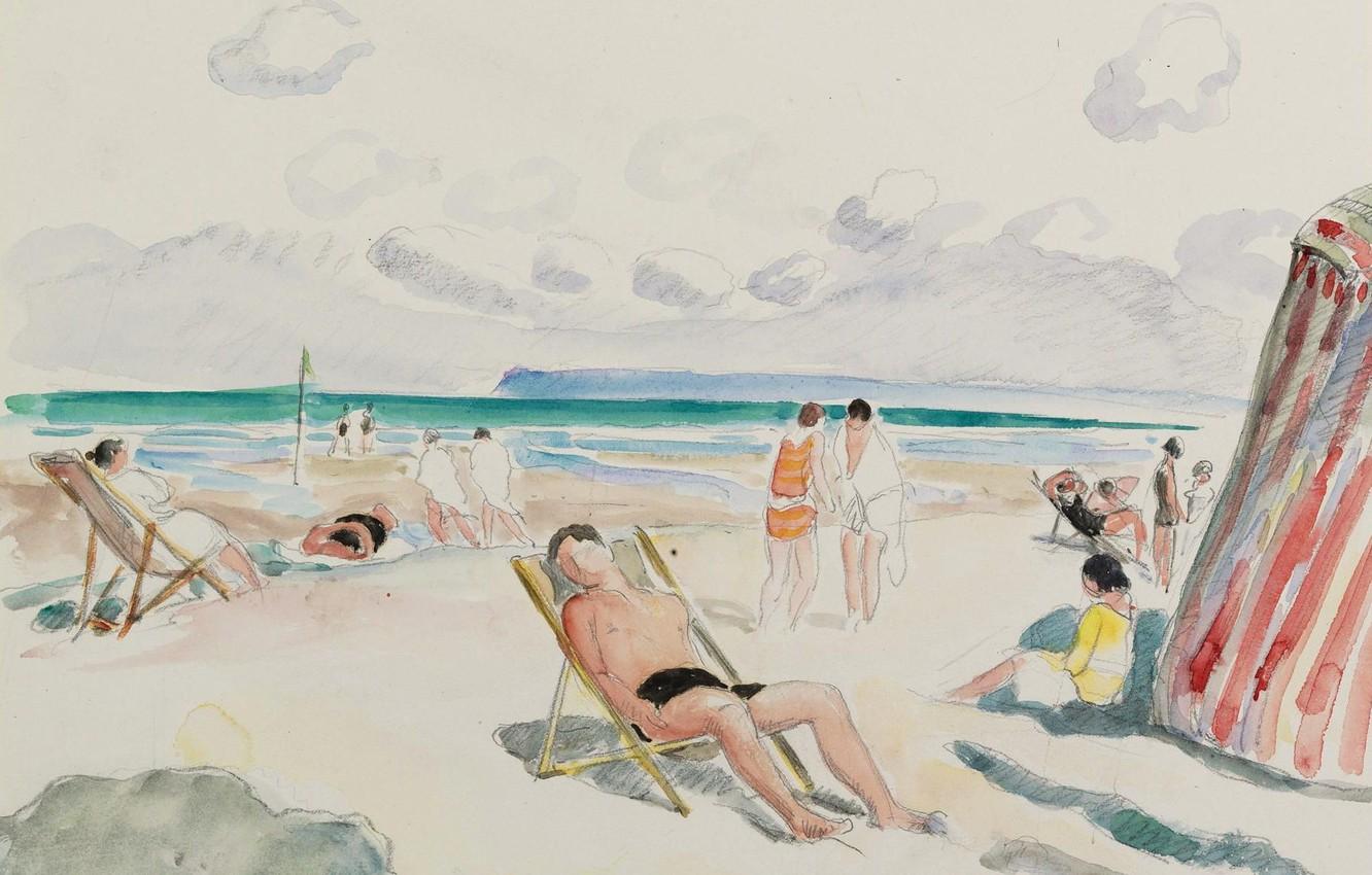 1332x850 Wallpaper figure, Beach, watercolor, Henri Lebasque, Henri Lebacq image for desktop, section живопись