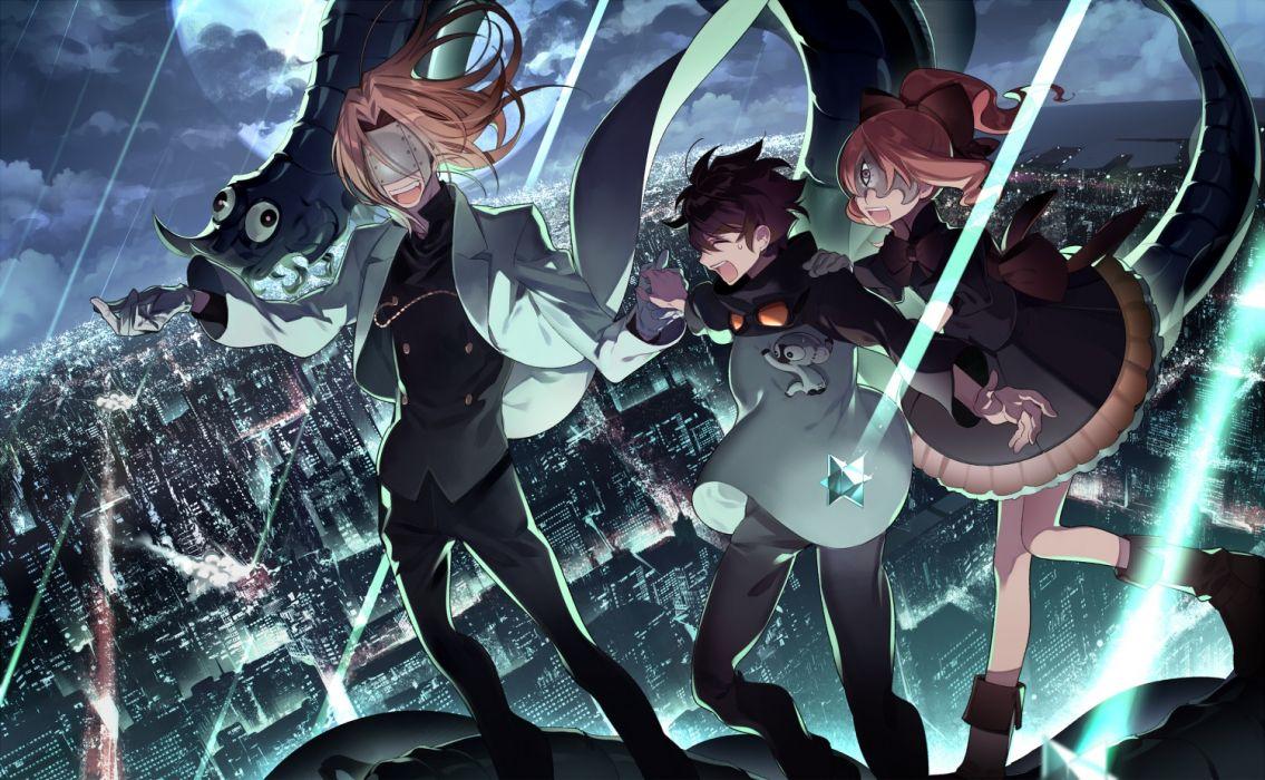 1135x700 blindfold boots brown hair building city gloves kanamura ren kekkai sensen leonardo watch male mask moon pink eyes ponytail scenic short hair wallpaperx925