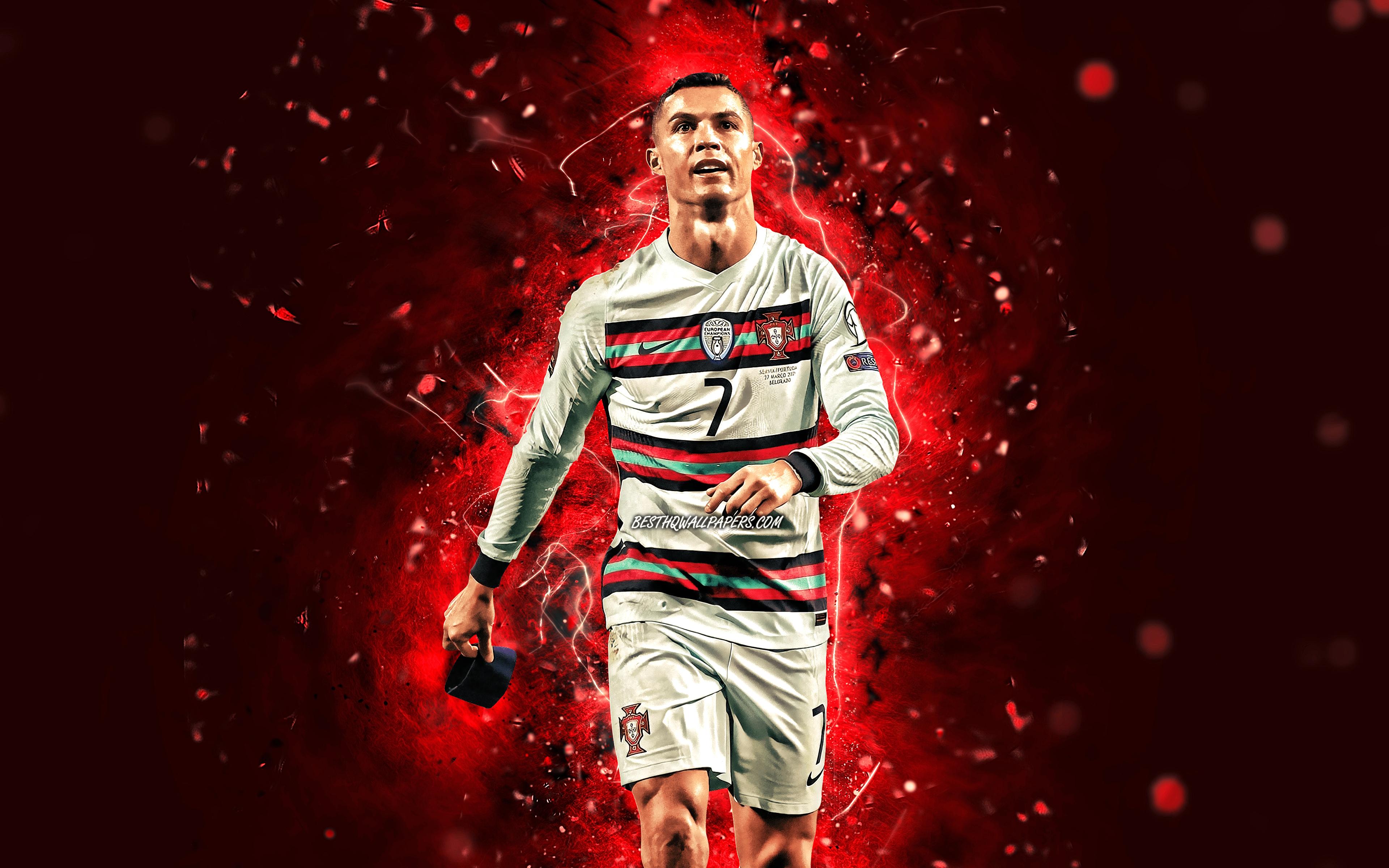 3840x2400 Download wallpaper 4k, Cristiano Ronaldo, Portugal National Team, soccer, footballers, Cristiano Ronaldo dos Santos Aveiro, red neon lights, Portuguese football team, CR Cristiano Ronaldo 4K for desktop with resolution 3840x2400. High
