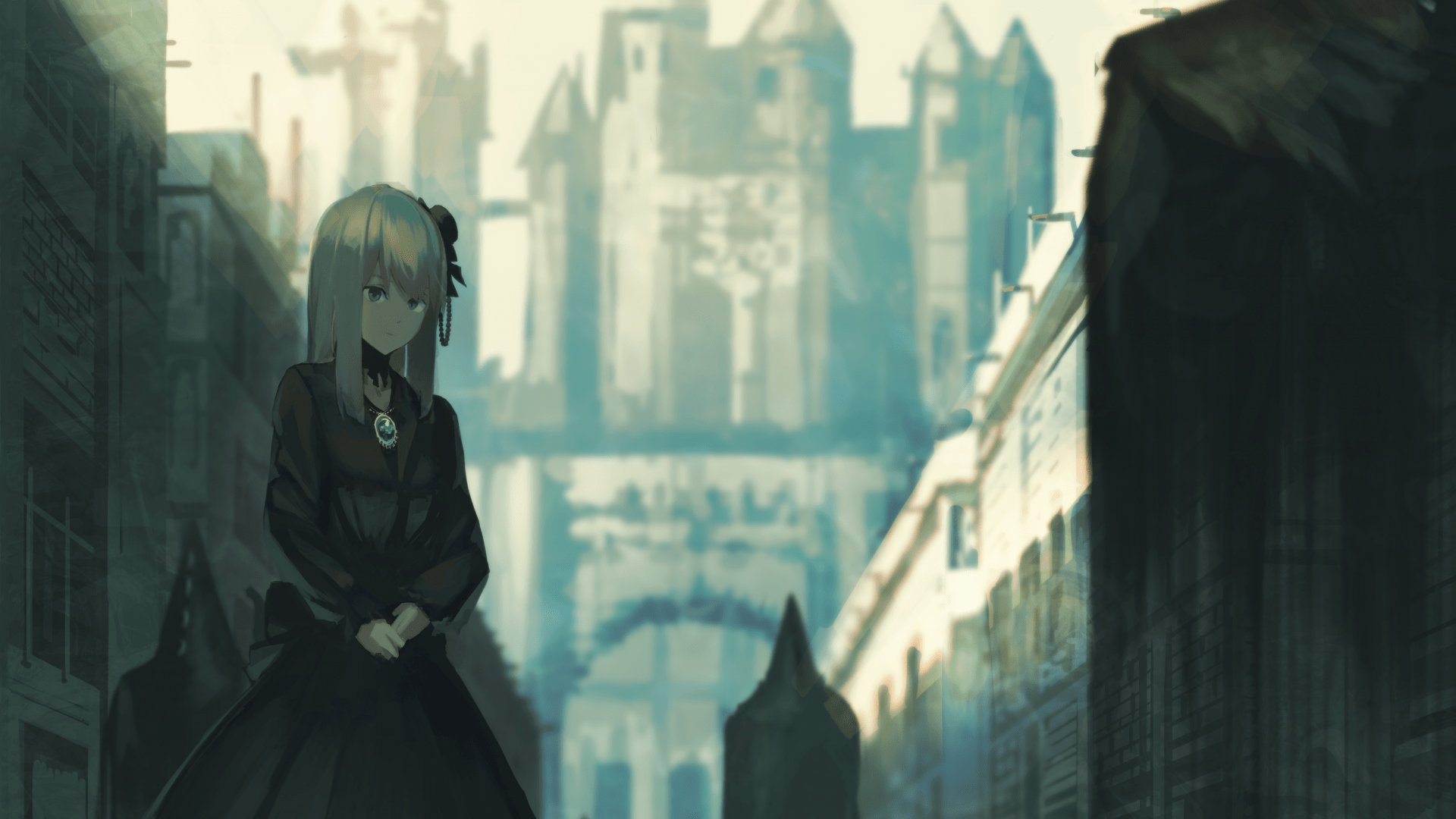 1920x1080 Wallpaper Anime, girl, castle, 4K, Art