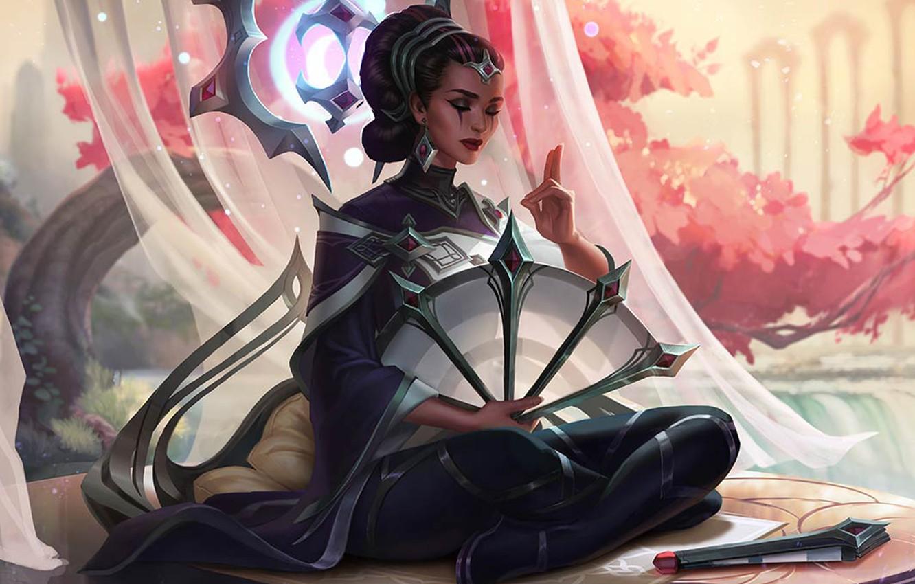 1332x850 Wallpaper girl, fantasy, flowers, mood, peach, League of Legends, asian, digital art, Princess, artwork, fantasy art, Karma, fan, meditation, fantasy girl, legs crossed image for desktop, section игры