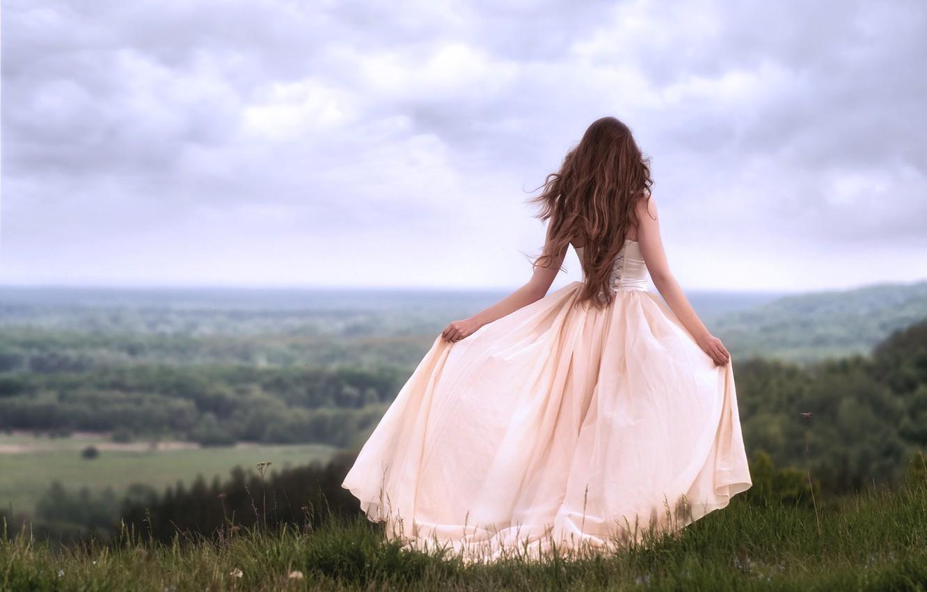 1332x850 Wallpaper girl, nature, pose, the wind, back, dress, Valentine Shepitko image for desktop, section настроения